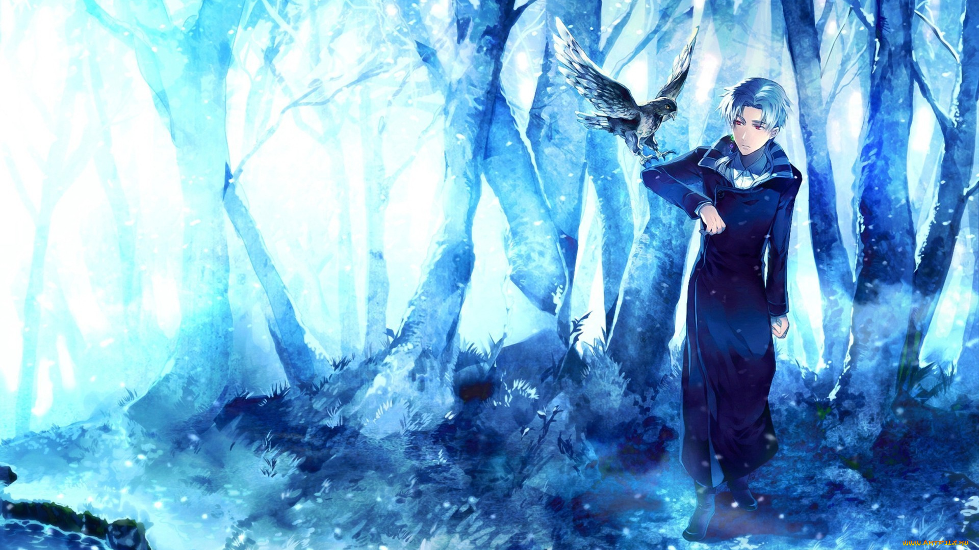 аниме, -animals, деревья, лес, зима, парень, арт, птица