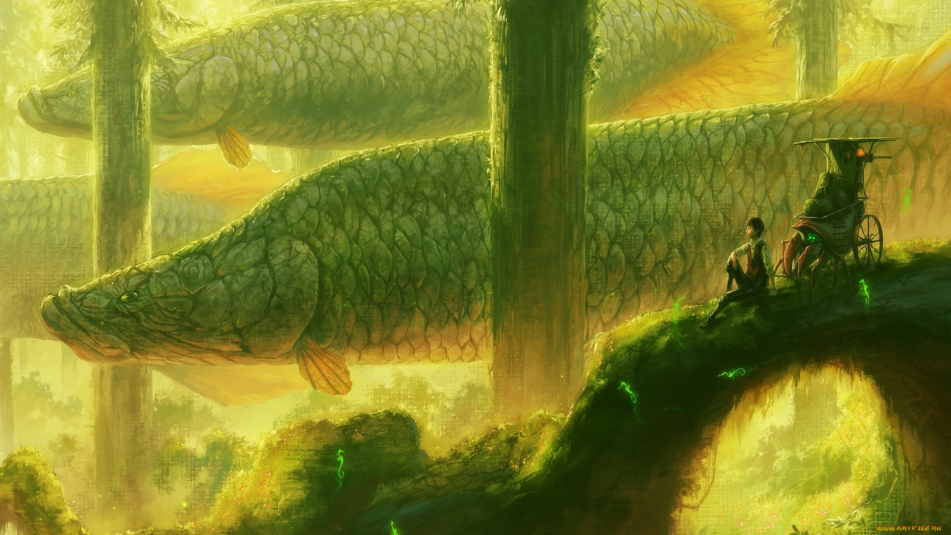 аниме, -animals, фантазия, арка, стволы, деревья, гигантские, рыбы, парень, mictlan-tecuhtli, nurikabe, арт