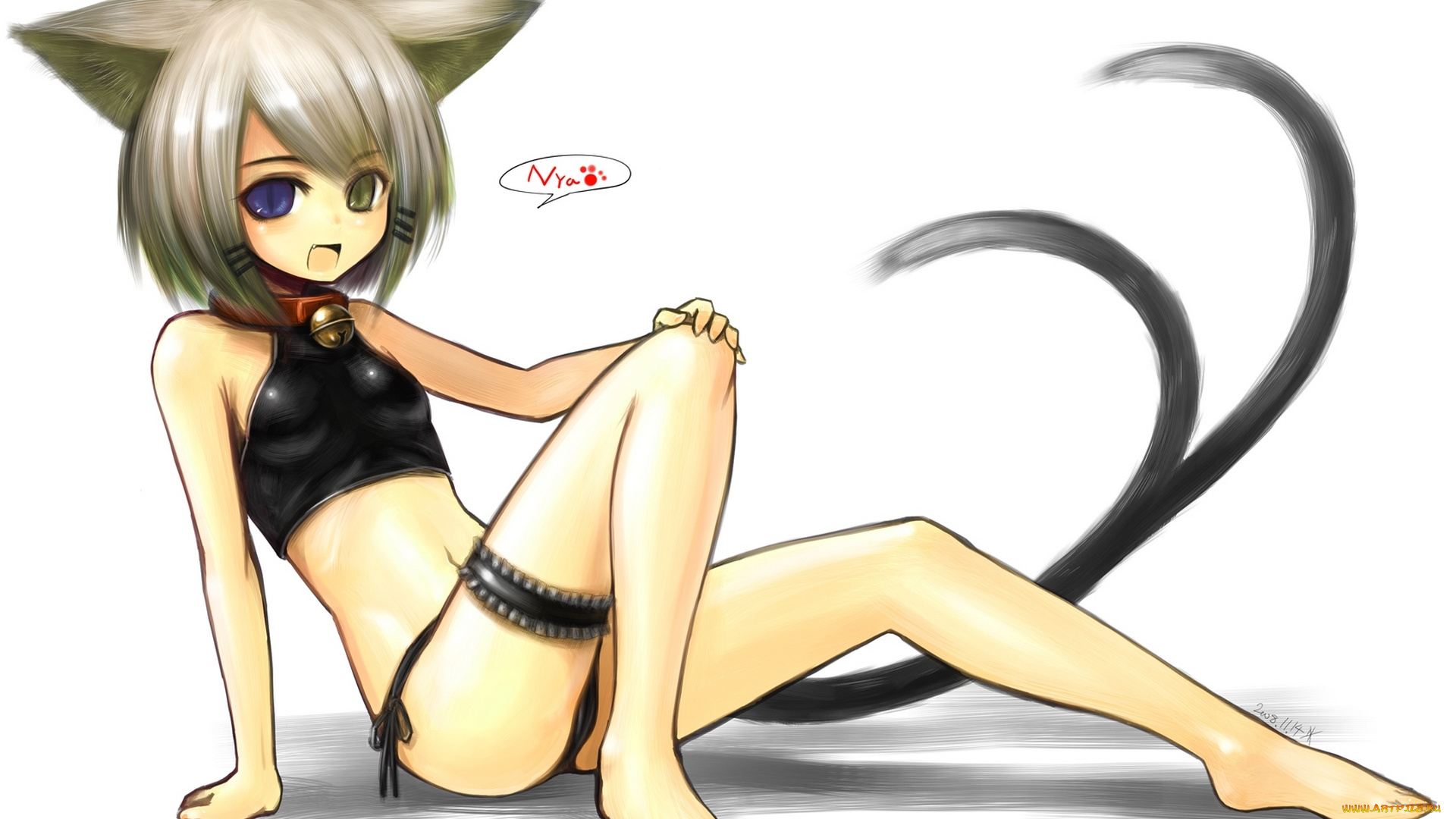 аниме, -animals, kotoba, noriaki, арт, ошейник, колокольчик, гетерохромия, хвосты, ушки, девушка