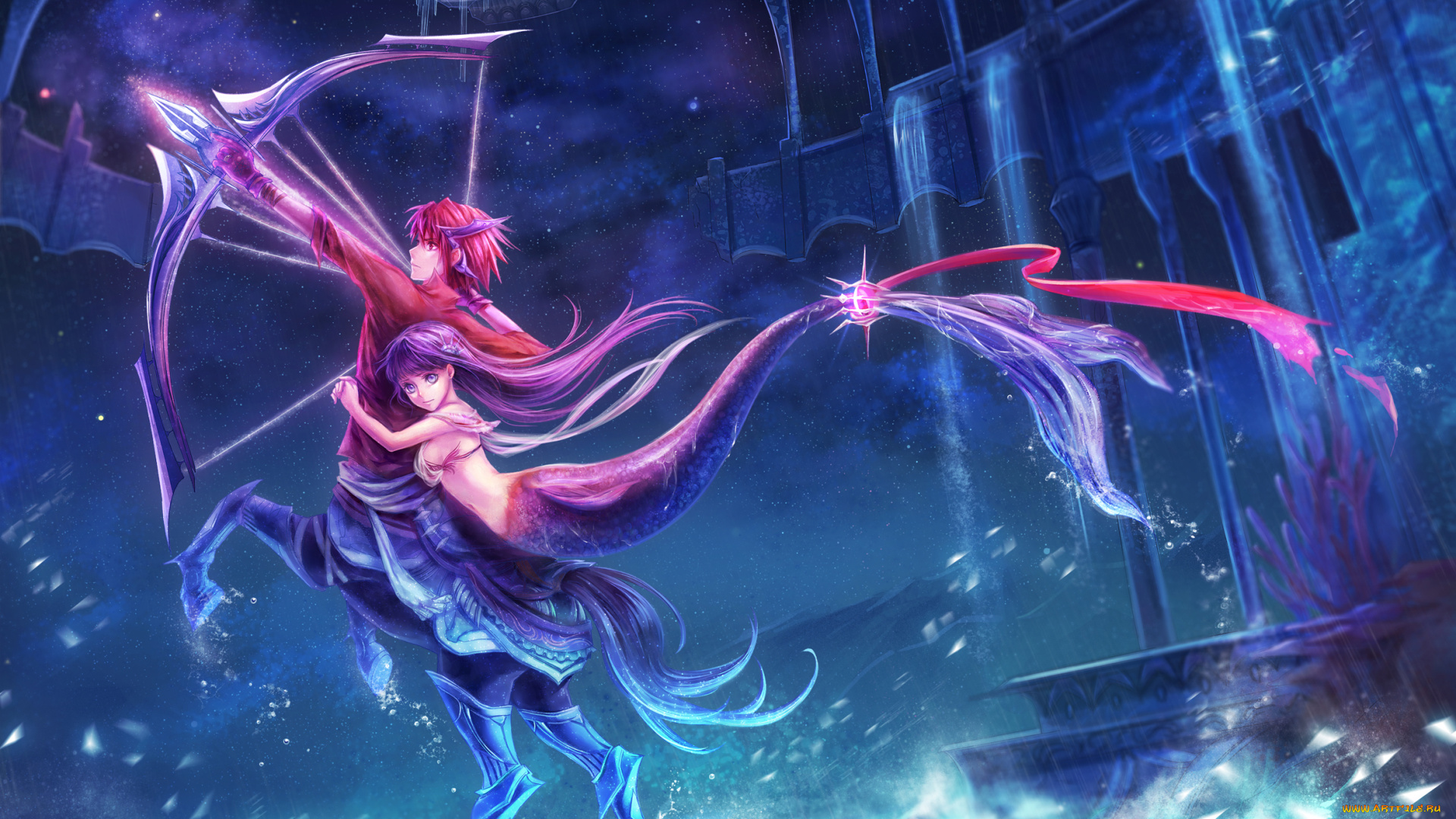 аниме, -animals, стрелы, звезды, ночь, лук, оружие, кентавр, парень, девушка, русалка, вода