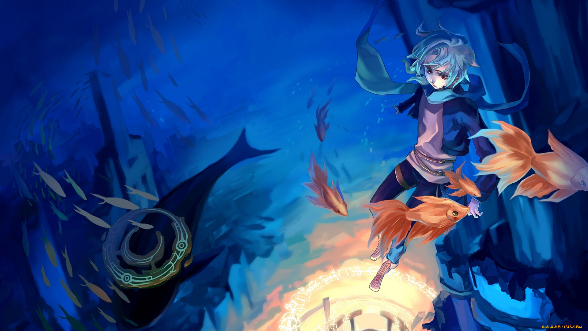 аниме, -halloween, &, magic, рыбки, под, водой, парень, mizukai, магия, шарф, касатка, арт