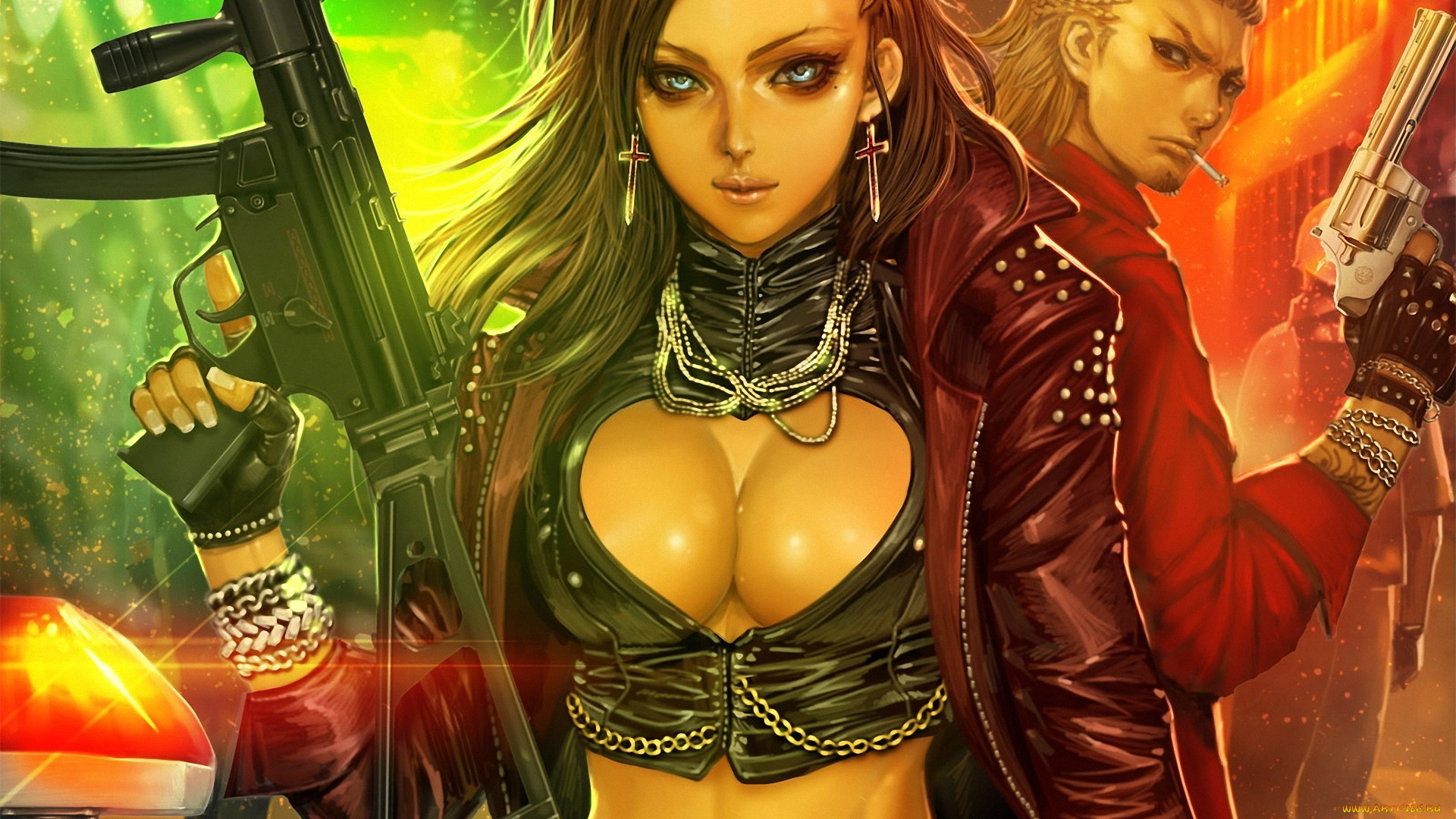 аниме, -weapon, , blood, &, technology, девушка, украшения, сигарета, огни, оружие, парень, крестики