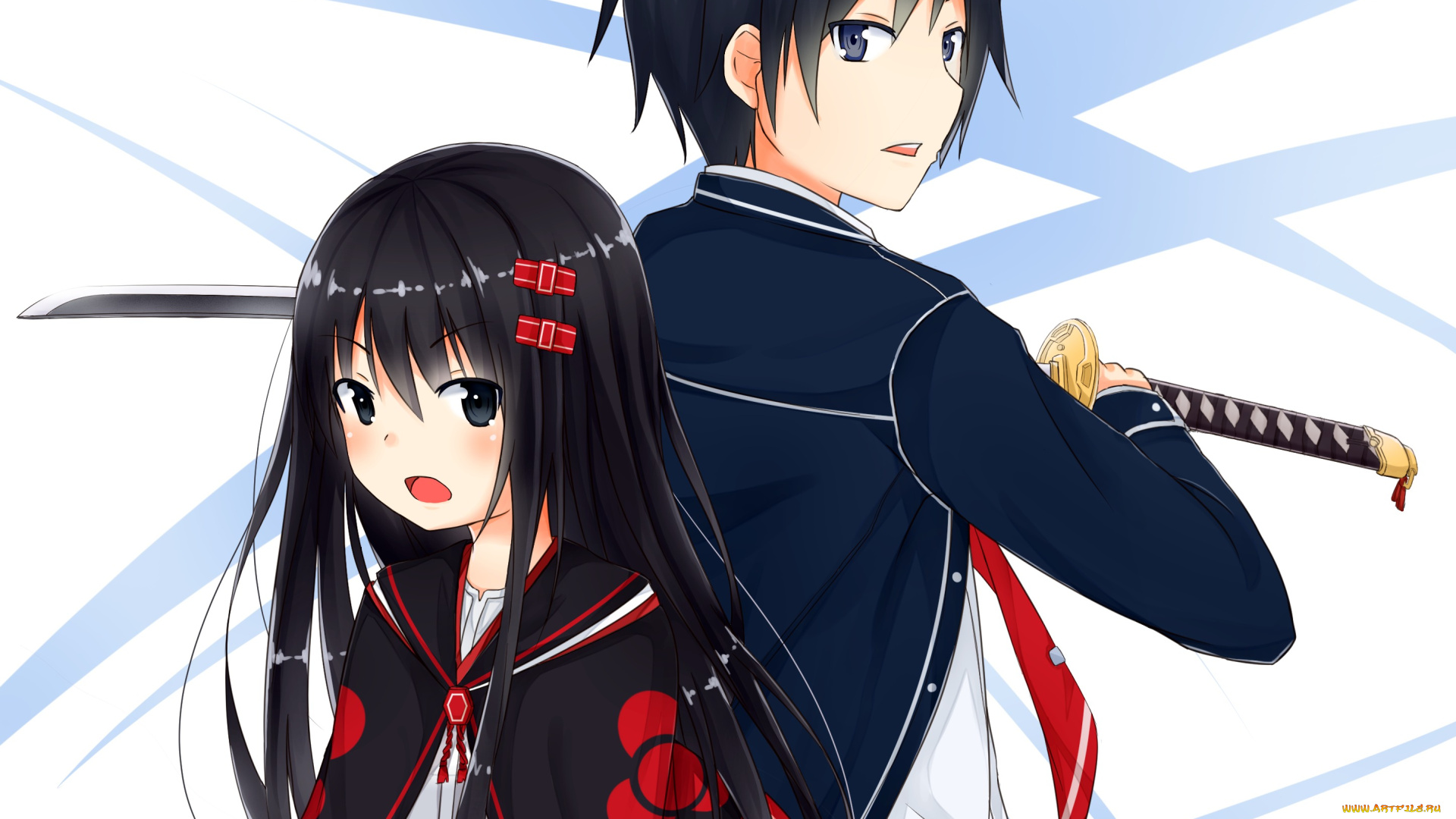 аниме, -weapon, , blood, &, technology, форма, школьники, оружие, катана, девушка, парень