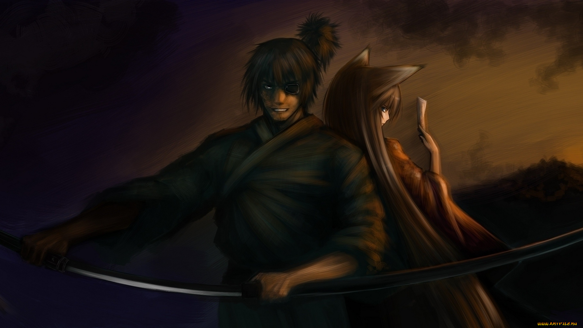 аниме, -weapon, , blood, &, technology, настрой, взгляд, уши, лис, меч, оружие, жест, закат, мужчина