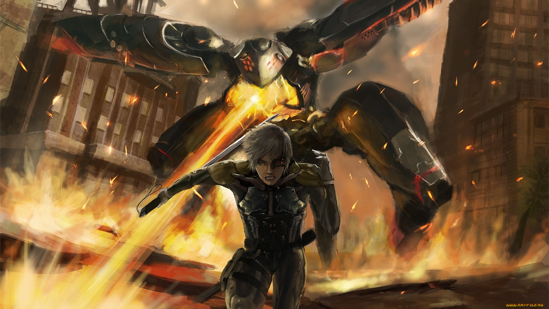 аниме, -weapon, , blood, &, technology, огонь, бег, город, оружие, меха, робот, меч, парень