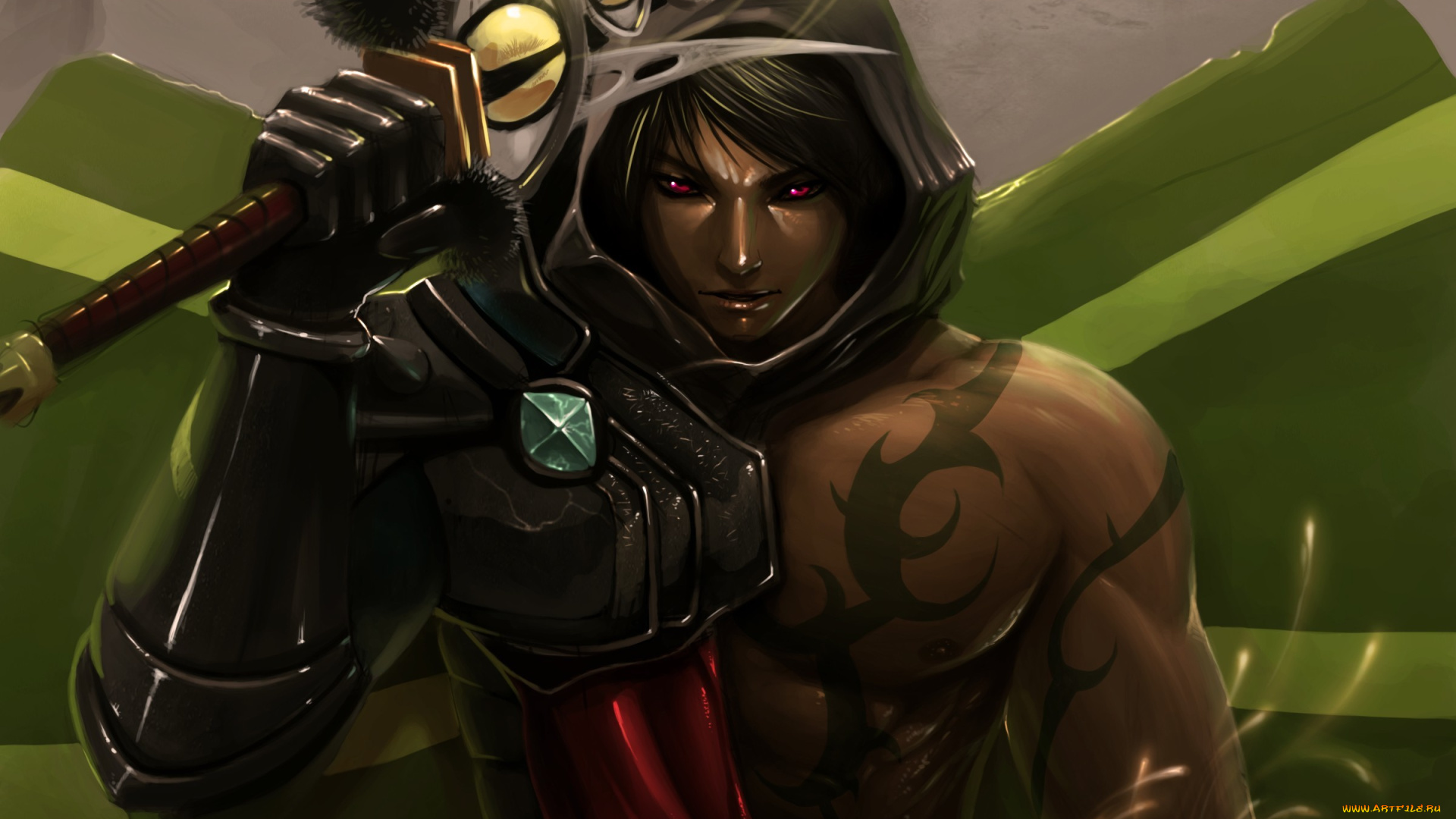 аниме, -weapon, , blood, &, technology, парень, меч, глаза, магия, капюшон, татуировки, тату