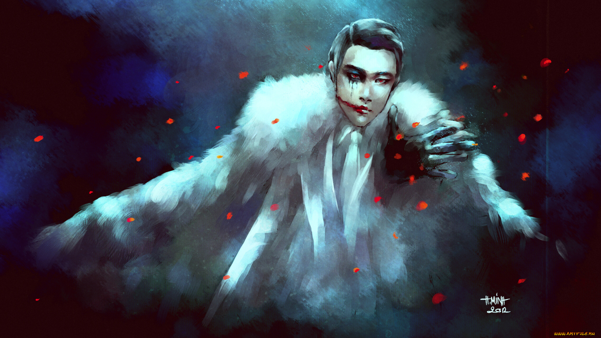 аниме, -weapon, , blood, &, technology, парень, nanfe, арт, лепестки, глаза, кровь, перчатки, мех, галстук