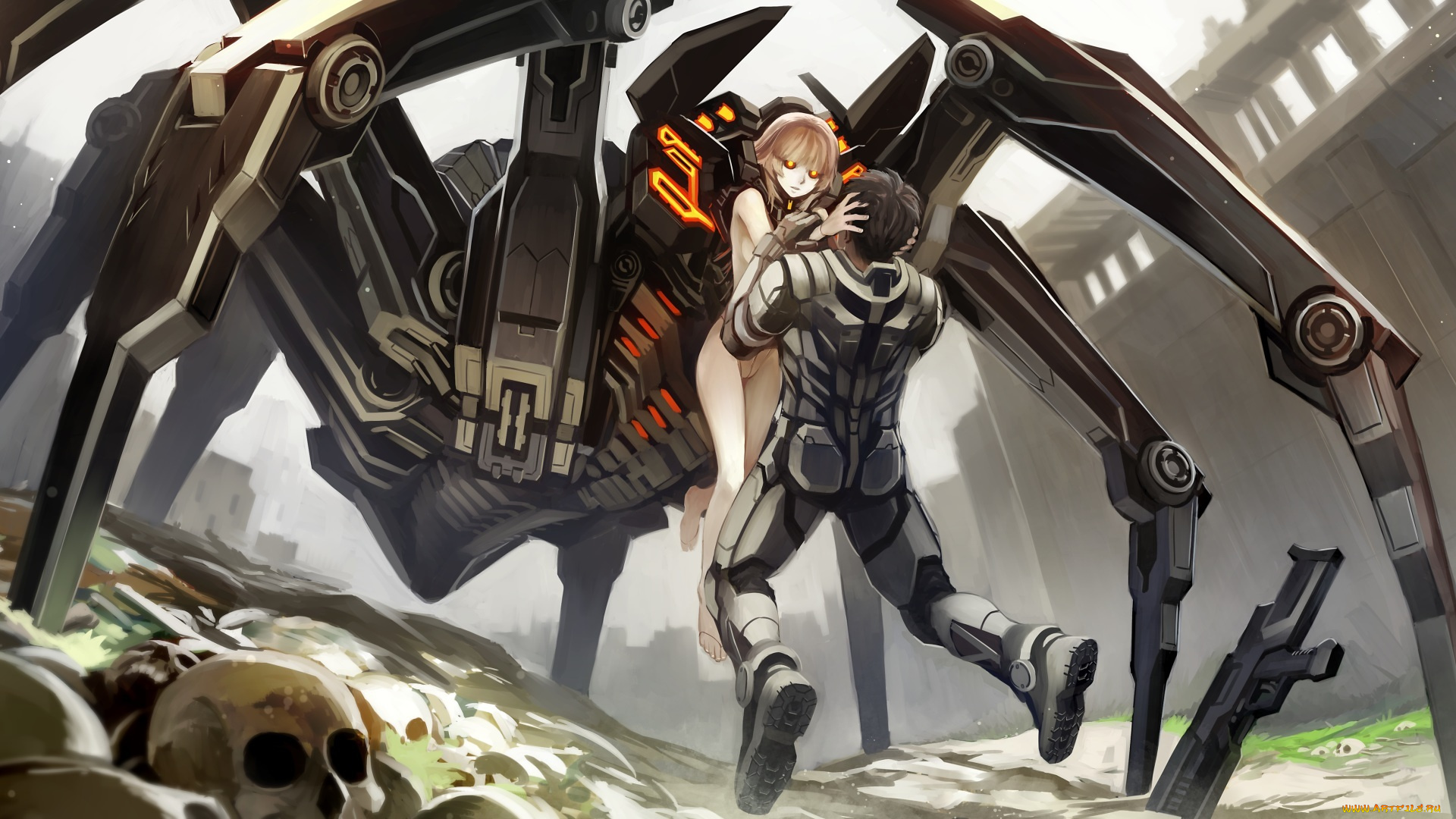 аниме, -weapon, , blood, &, technology, парень, робот, черепа, девушка, kriss, sison, арт