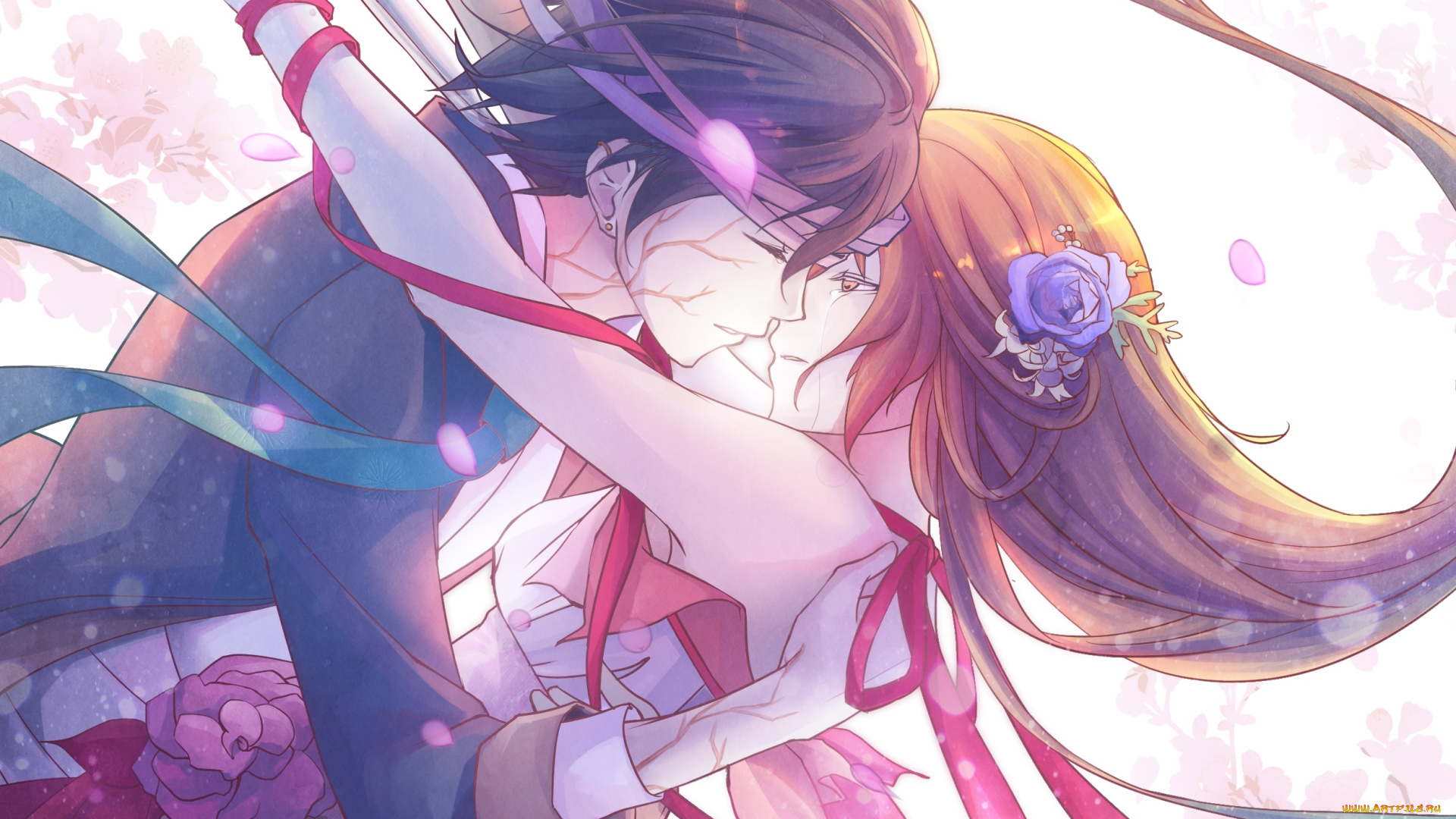 аниме, -weapon, , blood, &, technology, розы, вены, ленты, сакура, лепестки, цветы, оружие, нож, слезы, umizaki, арт, девушка, парень