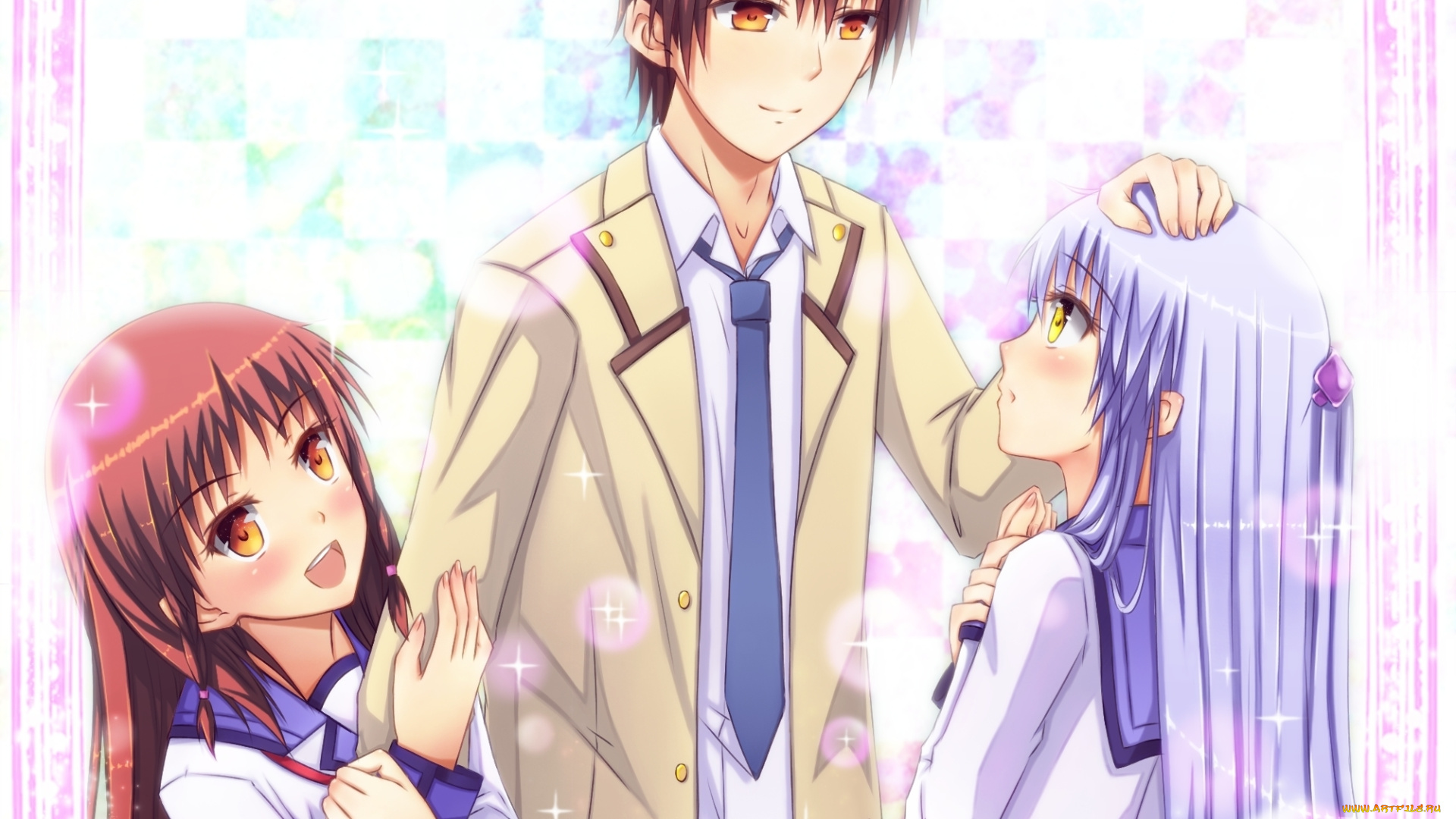 аниме, angel, beats, фон, смущение, блеск, школьная, форма, румянец, улыбка, взгляд, парень, девушки, tenshi, otonashi, yuzuru, hatsune