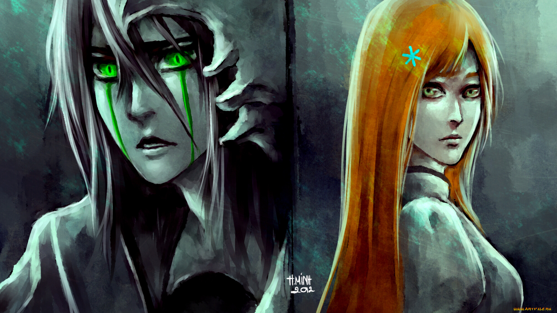 аниме, bleach, блич, эспада, взгляд, парень, inoue, orihime, ulquiorra, schiffer, девушка, art, nanfe