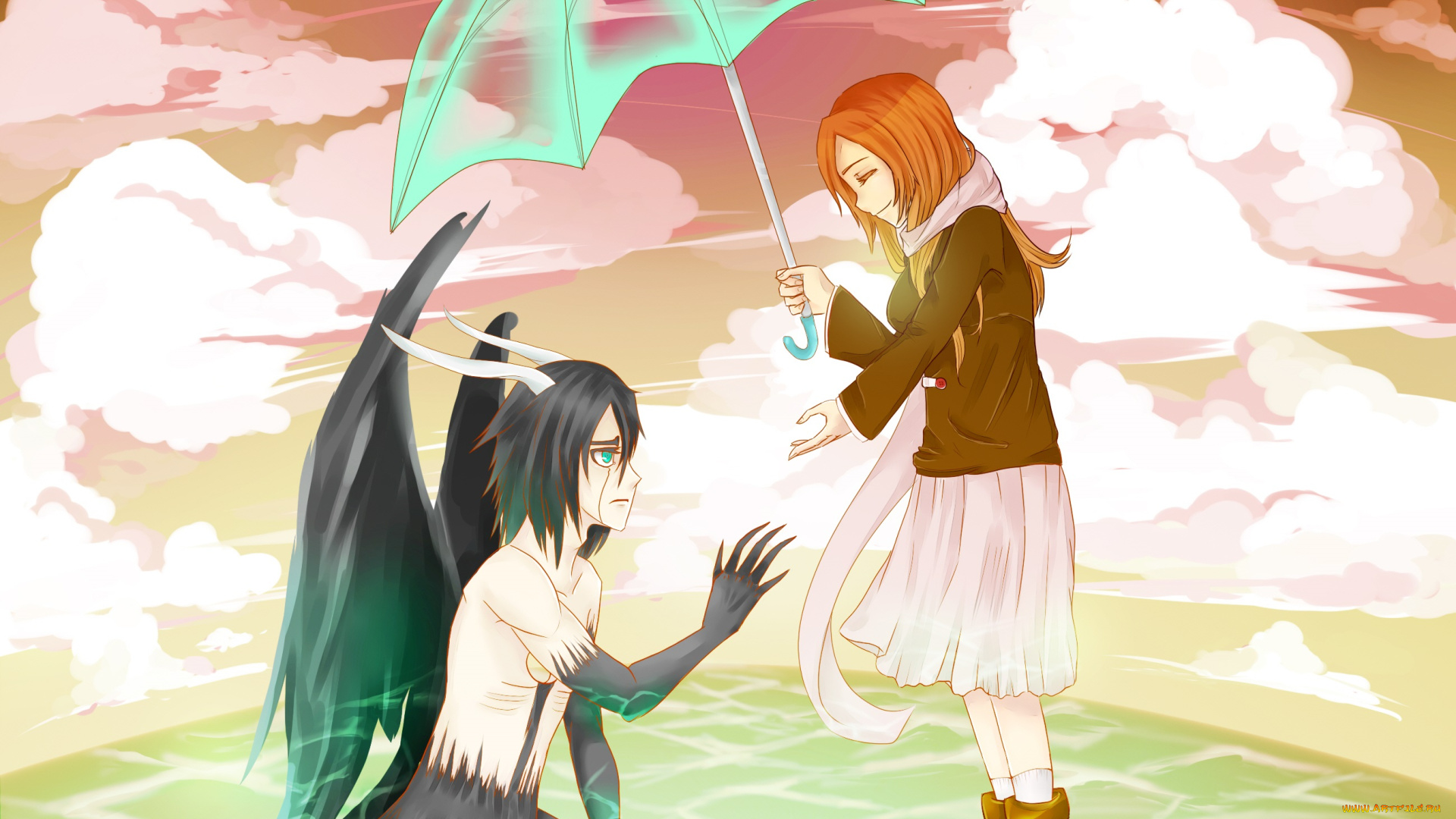 аниме, bleach, вода, аранкар, иноуэ, орихиме, арт, улькиорра, шиффер, девушка, персонажи, блич, парень, зонт