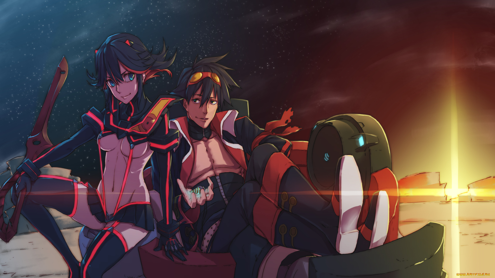 аниме, kill, la, kill, девушка, matoi, ryuuko, парень, simon, улыбка, спокойствие, романтика, оружие, магия, закат, kill, la, tengen, toppa, gurren, lagann