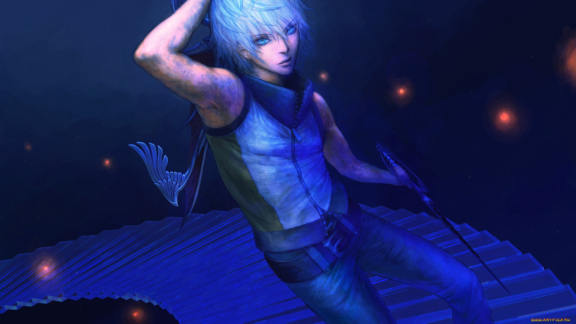 аниме, kingdom, hearts, art, взгляд, kingdom, hearts, riku, лестница, оружие, парень, slaygun