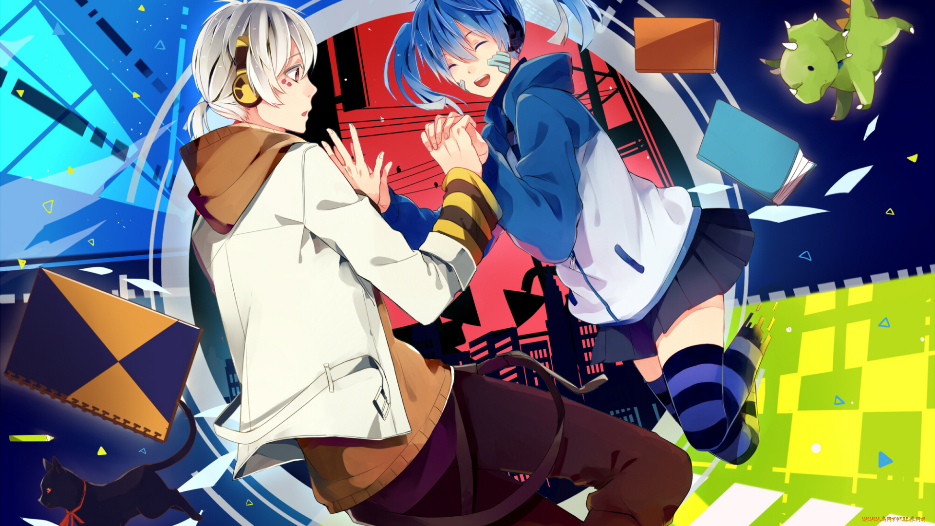 аниме, mekakucity, actors, konoha, art, книги, кошка, держатся, за, руки, парень, ene, удивление, радость, kagerou, project, игрушка, девушка, jiman