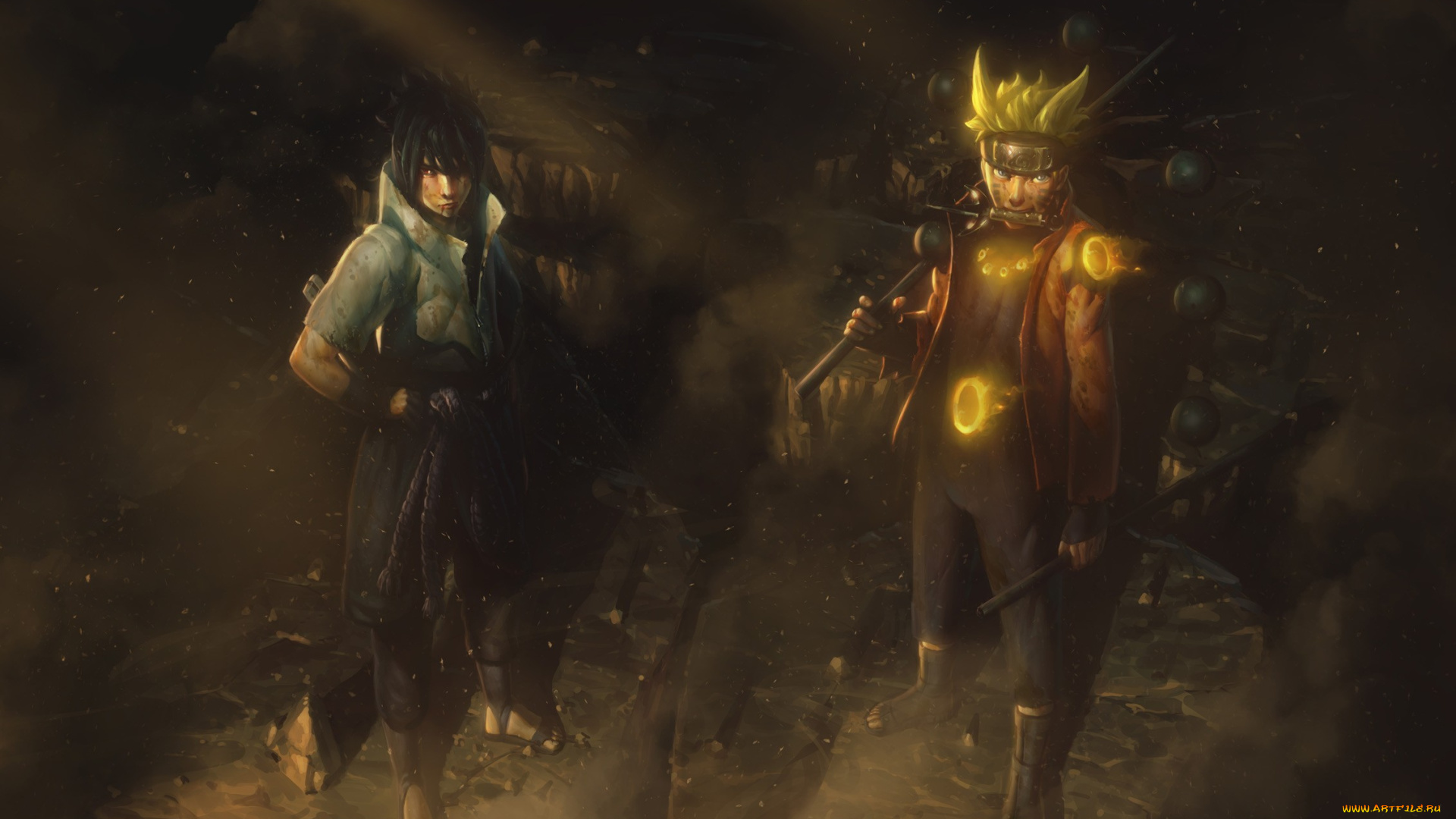 аниме, naruto, арт, саске, учиха, взгляд, блондин, брюнет, шиппуден, парни, наруто, узумаки