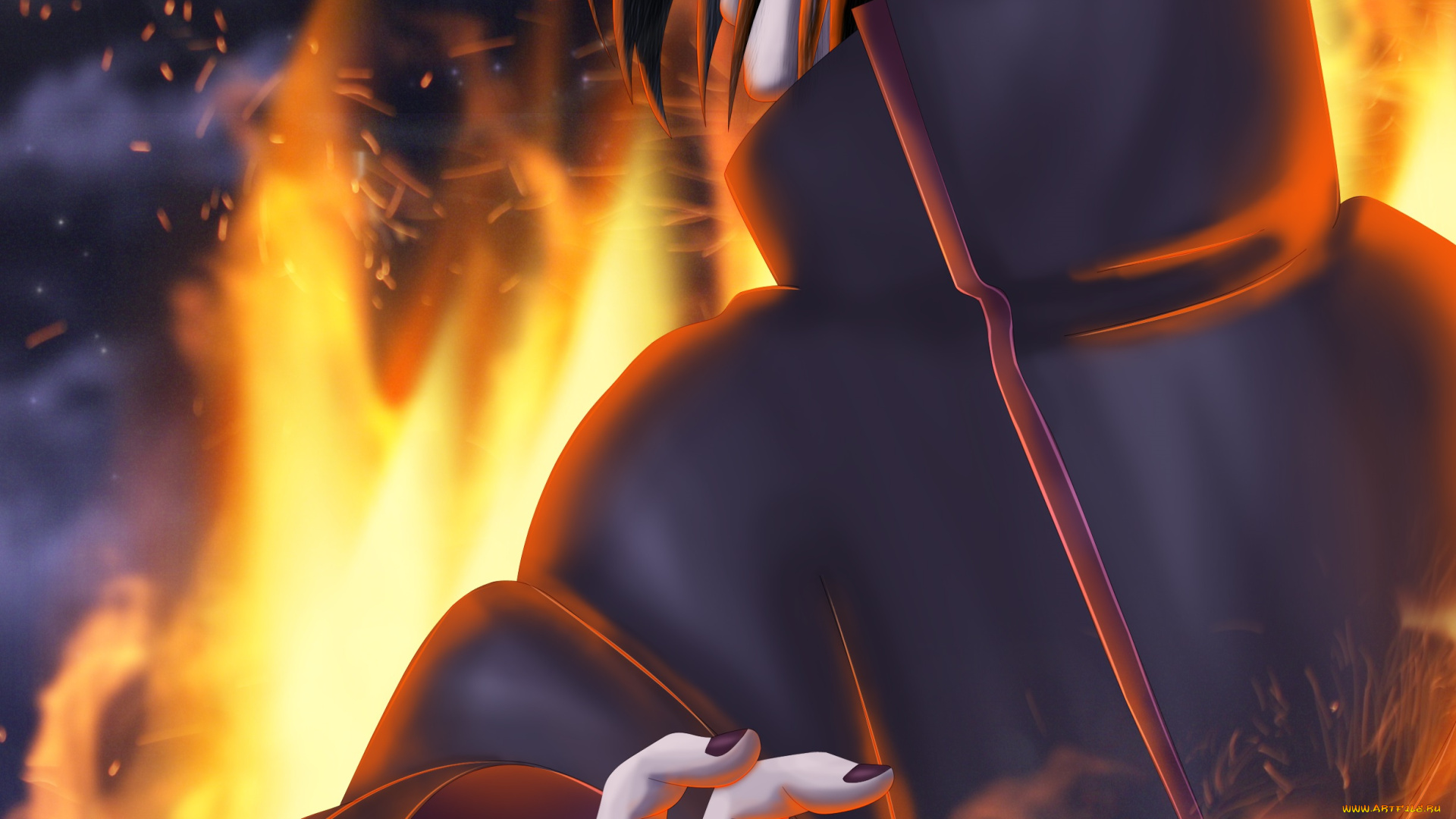 аниме, naruto, тучи, небо, парень, арт, рука, брюнет, чакра, искры, пламя, итачи, учиха, наруто, шиппуден