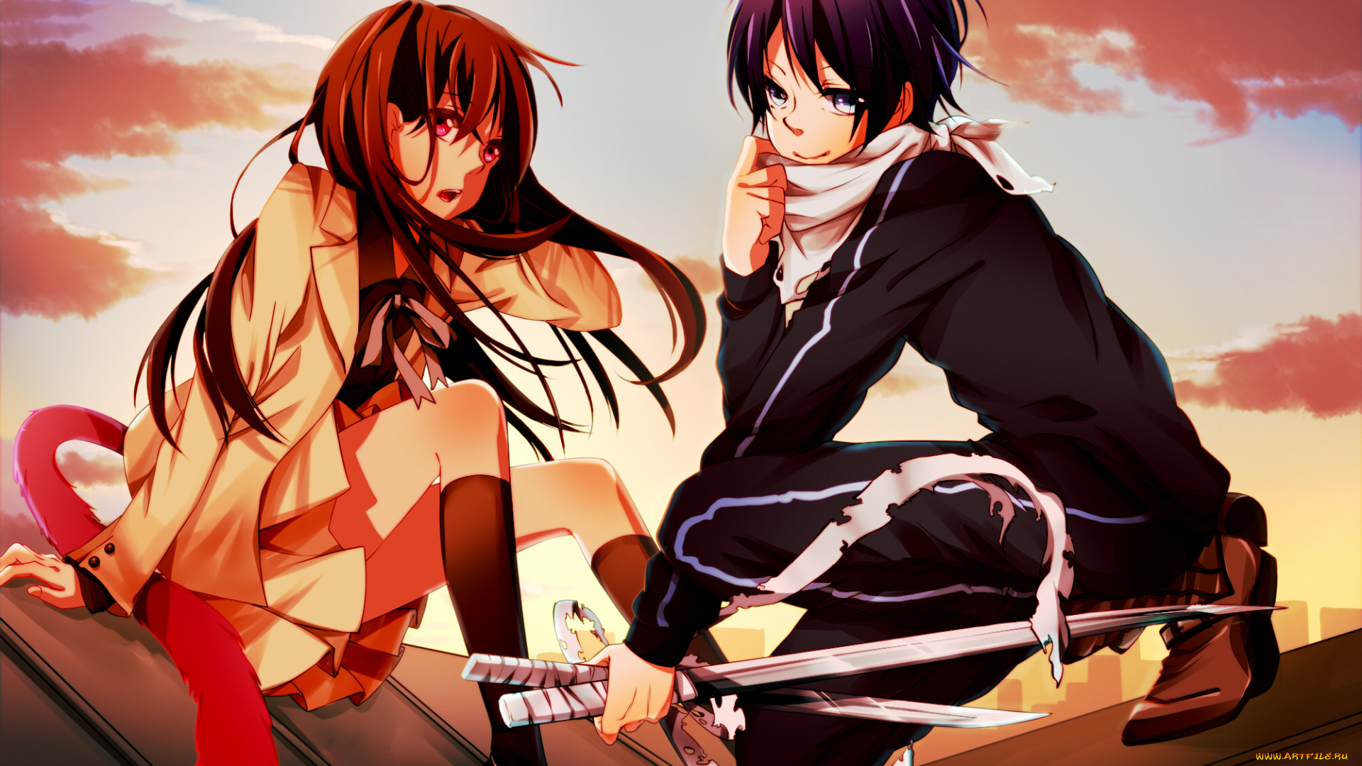 аниме, noragami, девушка, iki, hiyori, бездомный, бог, предметы, небо, yato, мужчина