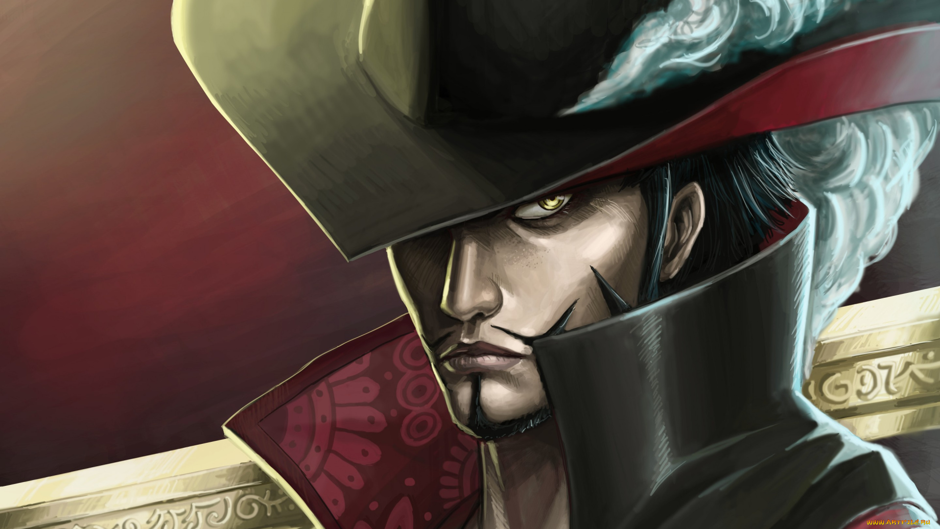 аниме, one, piece, one, piece, перо, взгляд, dracule, mihawk, парень, шляпа, оружие, penator, art