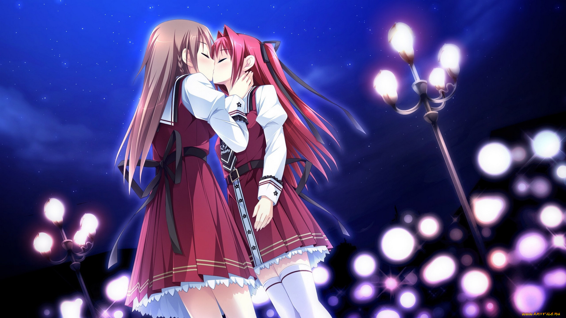 аниме, otome, ga, tsumugu, koi, no, canvas, девушки, фонари, поцелуй, ночь