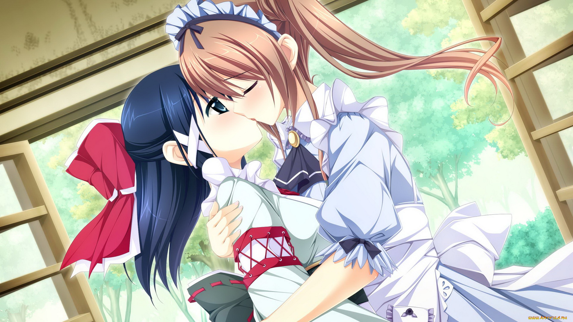 аниме, otome, ga, tsumugu, koi, no, canvas, поцелуй, девушки