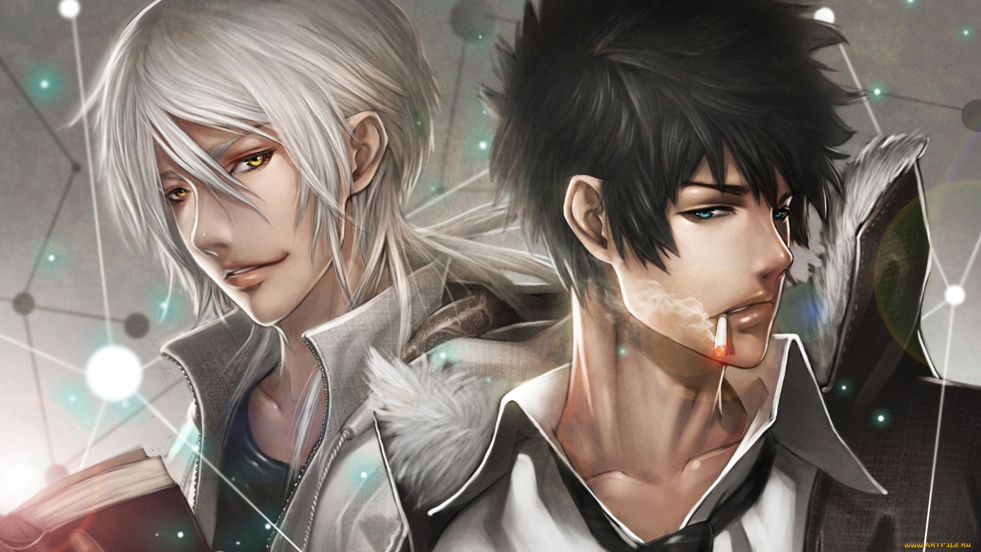 аниме, psycho-pass, книга, дым, сигарета, парни, makishima, shougo, kougami, shinya