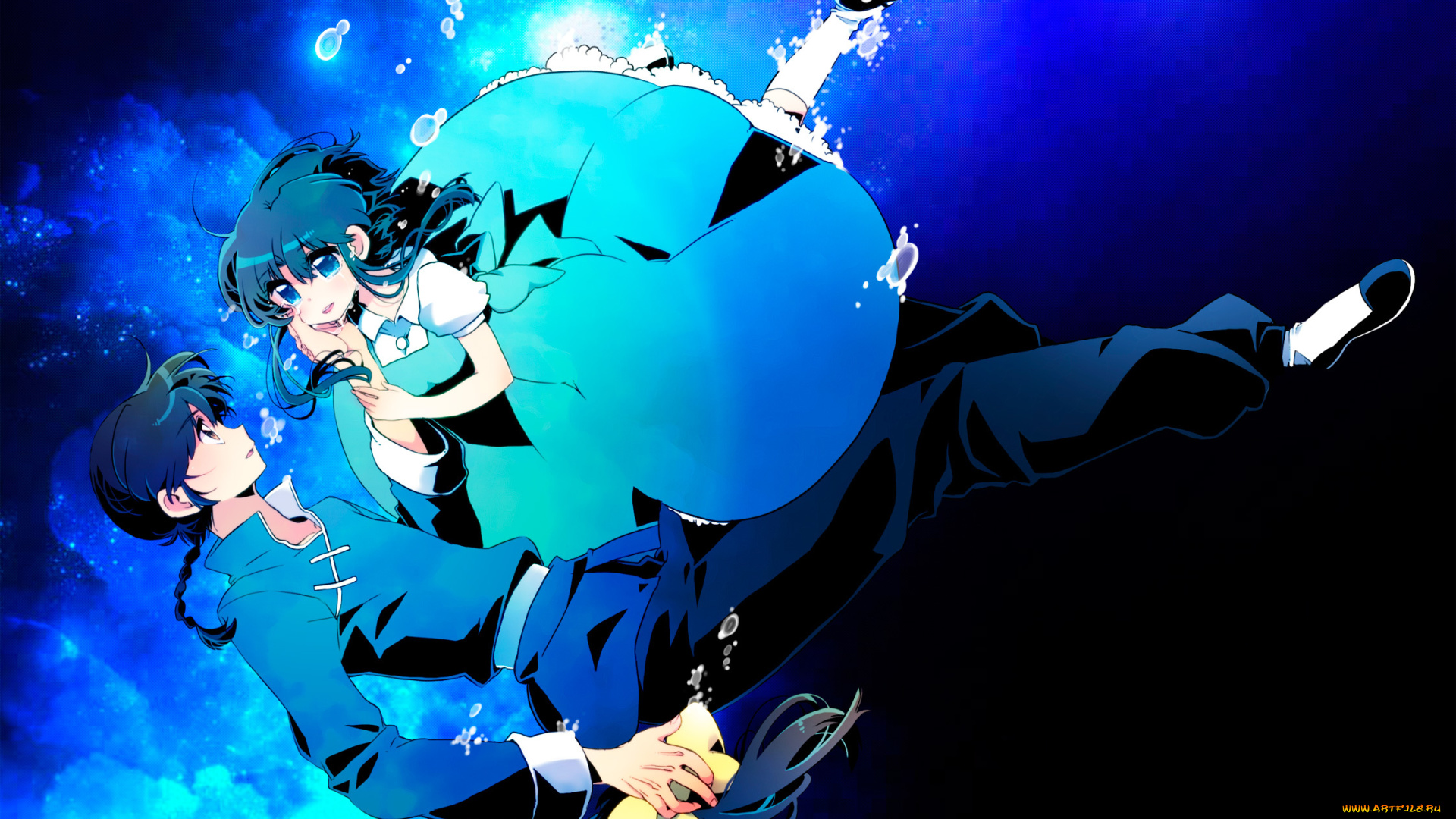 аниме, ranma, 1, девушка, saotome, ranma, под, водой, падение, парень, tendou, akane, пузыри, маска