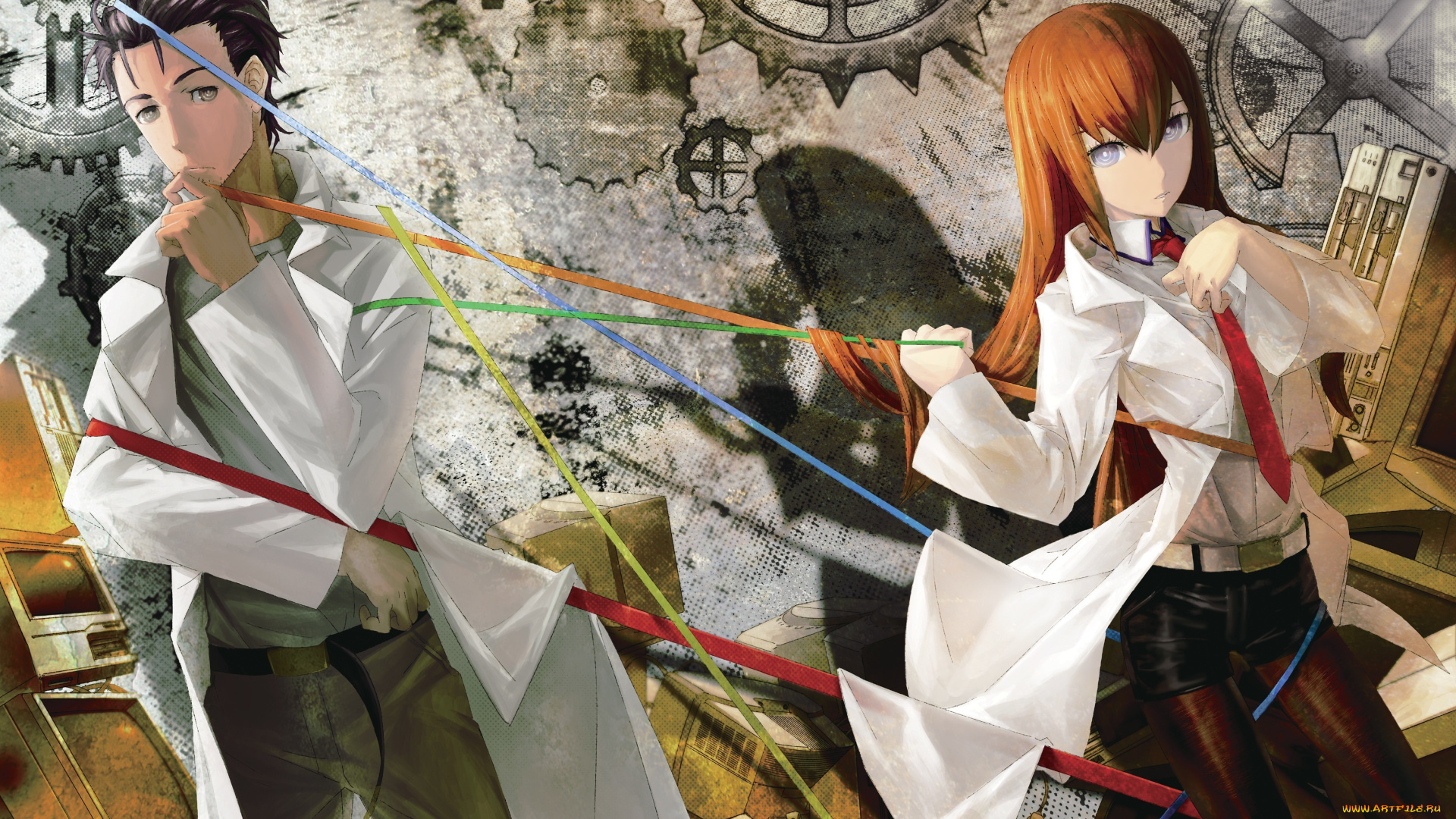 аниме, steins, gate, девушка, okabe, rintarou, makise, kurisu, врата, штейна, халат, галстук, нити, парень