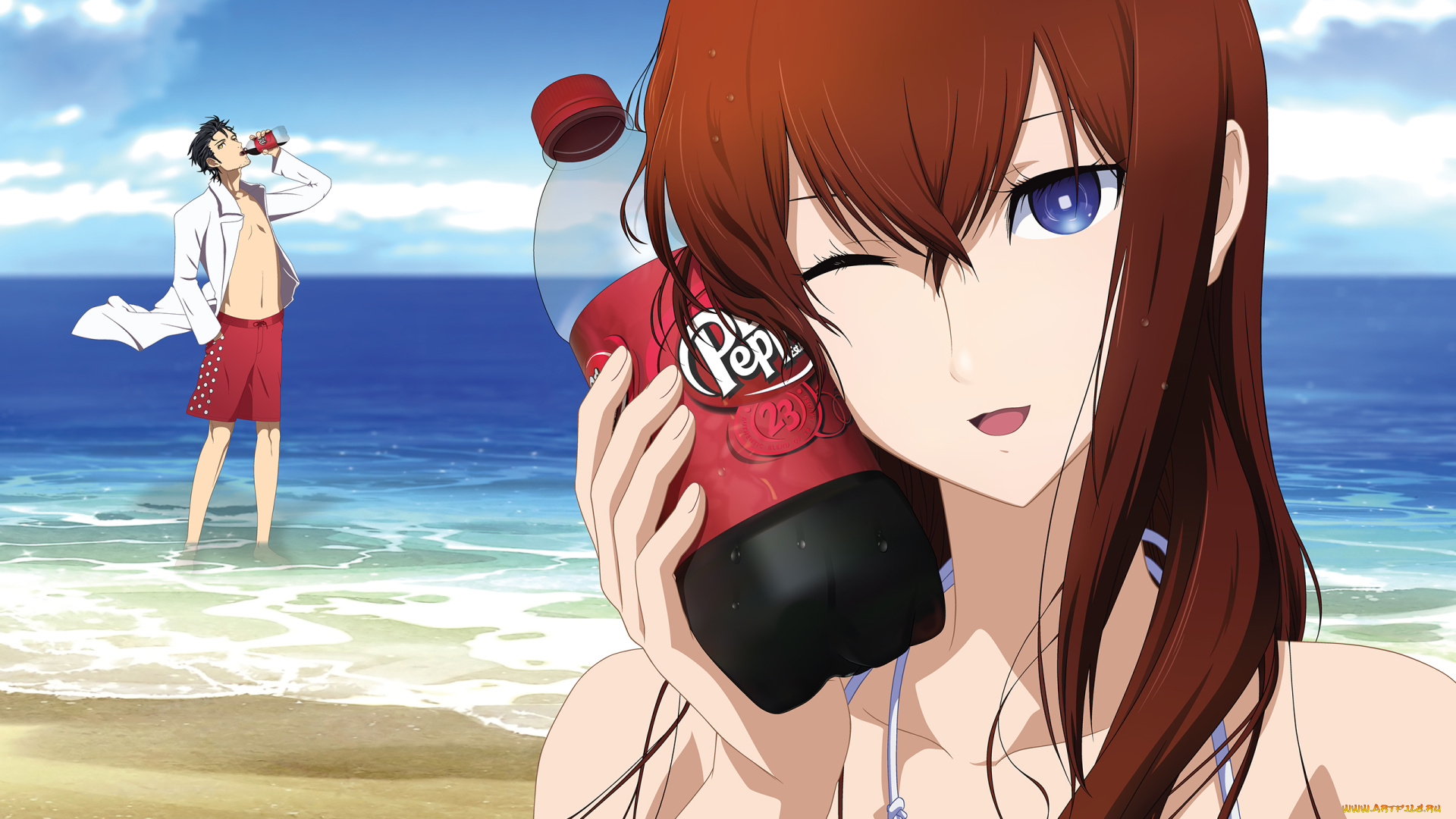 аниме, steins, gate, напиток, okabe, rintarou, девушка, взгляд, мужчина, makise, kurisu, море, пляж, врата, штейна