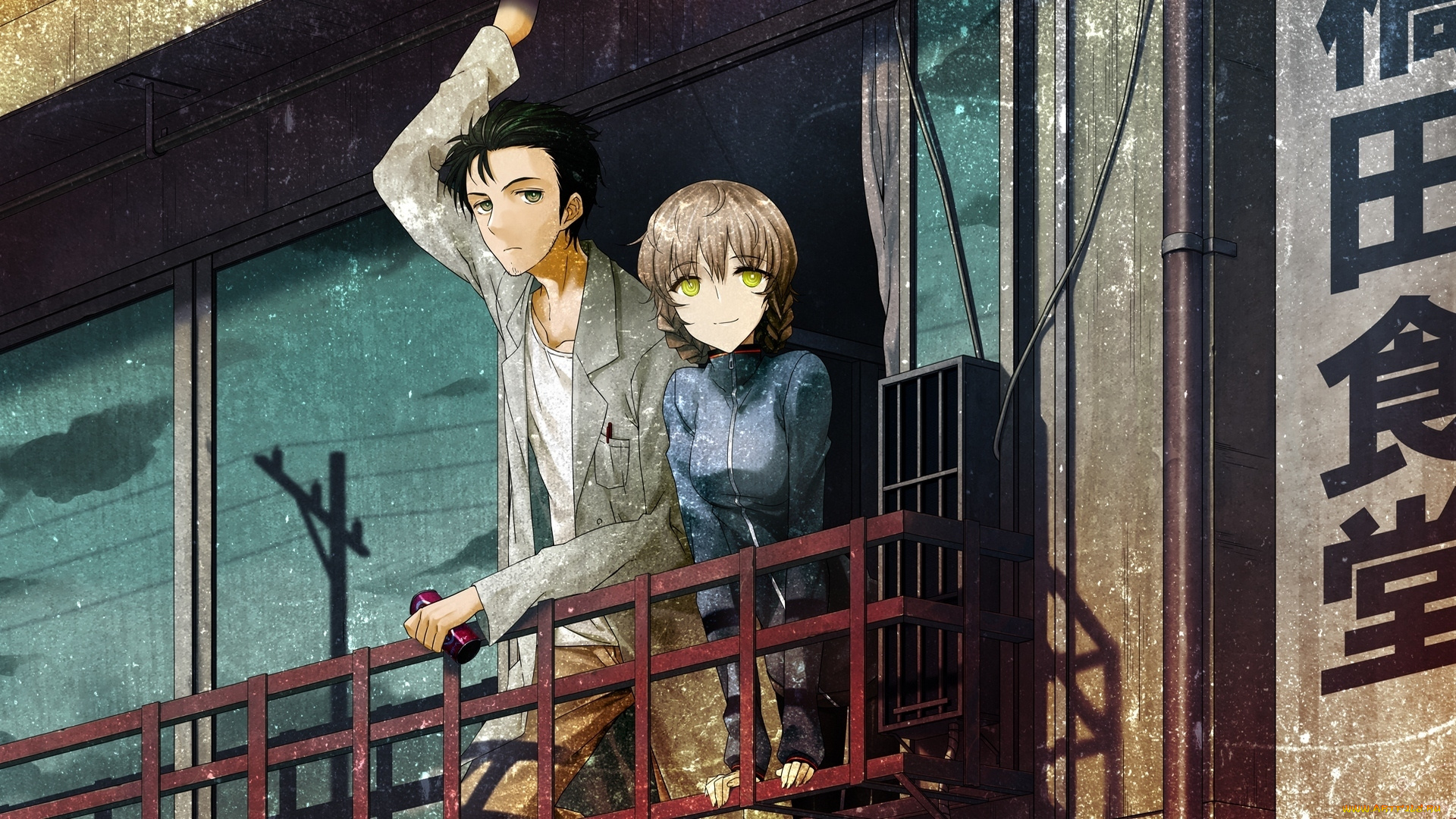 аниме, steins, gate, парень, девушка, okabe, rintarou, балкон, банка, иероглифы, amane, suzuha, врата, штейна