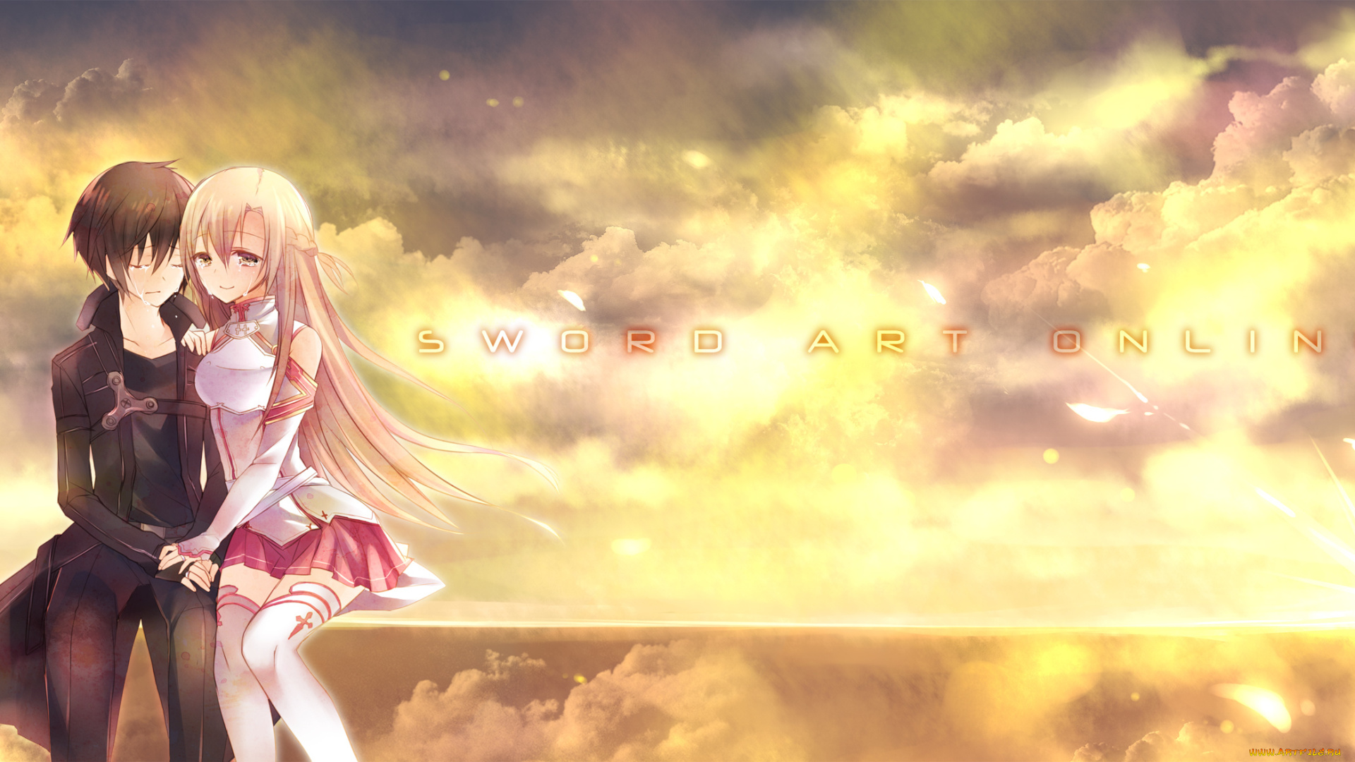 аниме, sword, art, online, чёрные, волосы, длинные, карие, глаза, soraishinya, kirito, облако, закрытые, yuuki, asuna, слёзы, юбка, девушка, парень, плащ, пара, широкое, изображение, высокое, разрешение, каштановые, короткие
