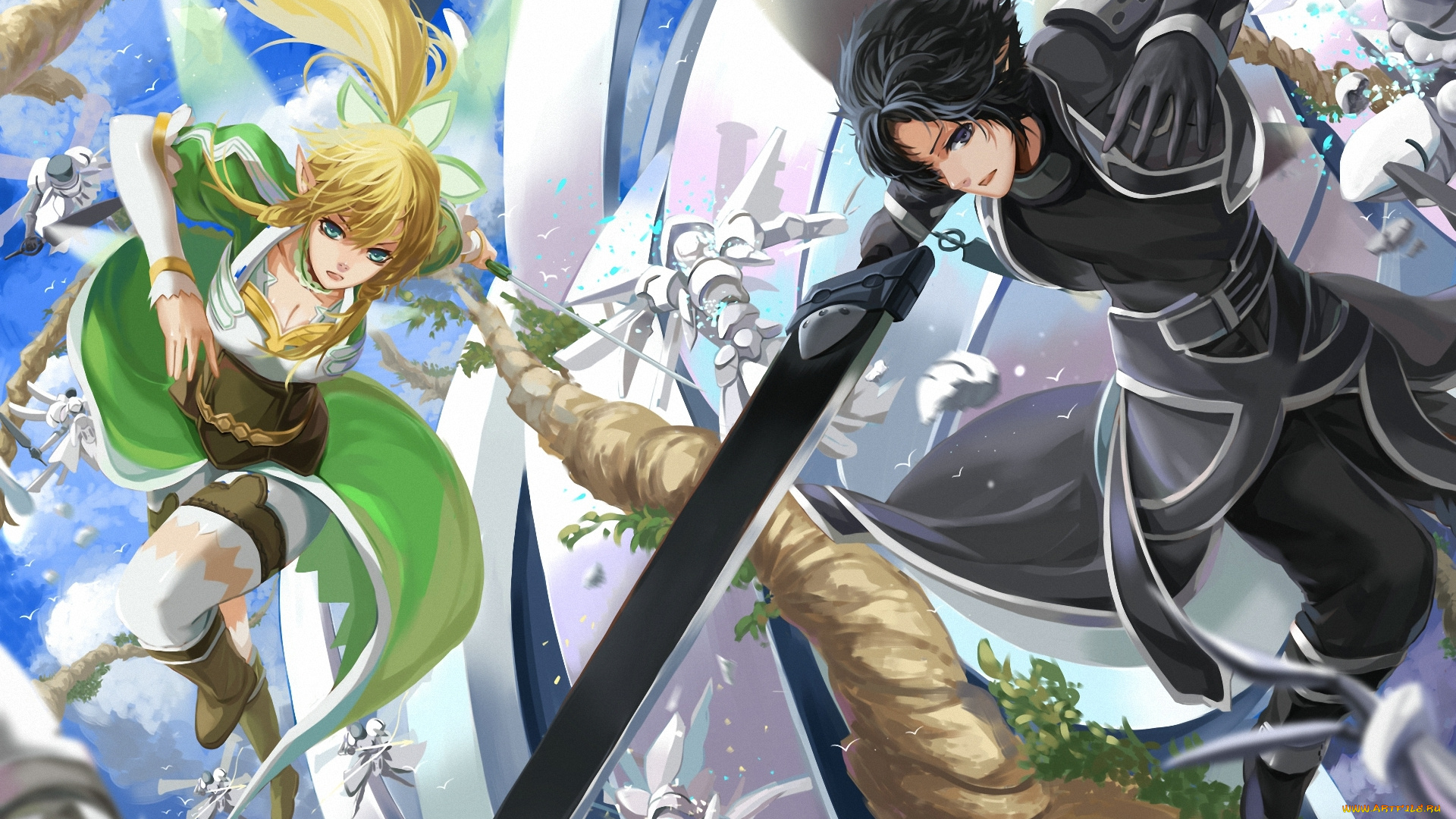 аниме, sword, art, online, девушка, парень, leafa, битва, оружие, kirito, sword, art, online, liuruoyu8888, арт