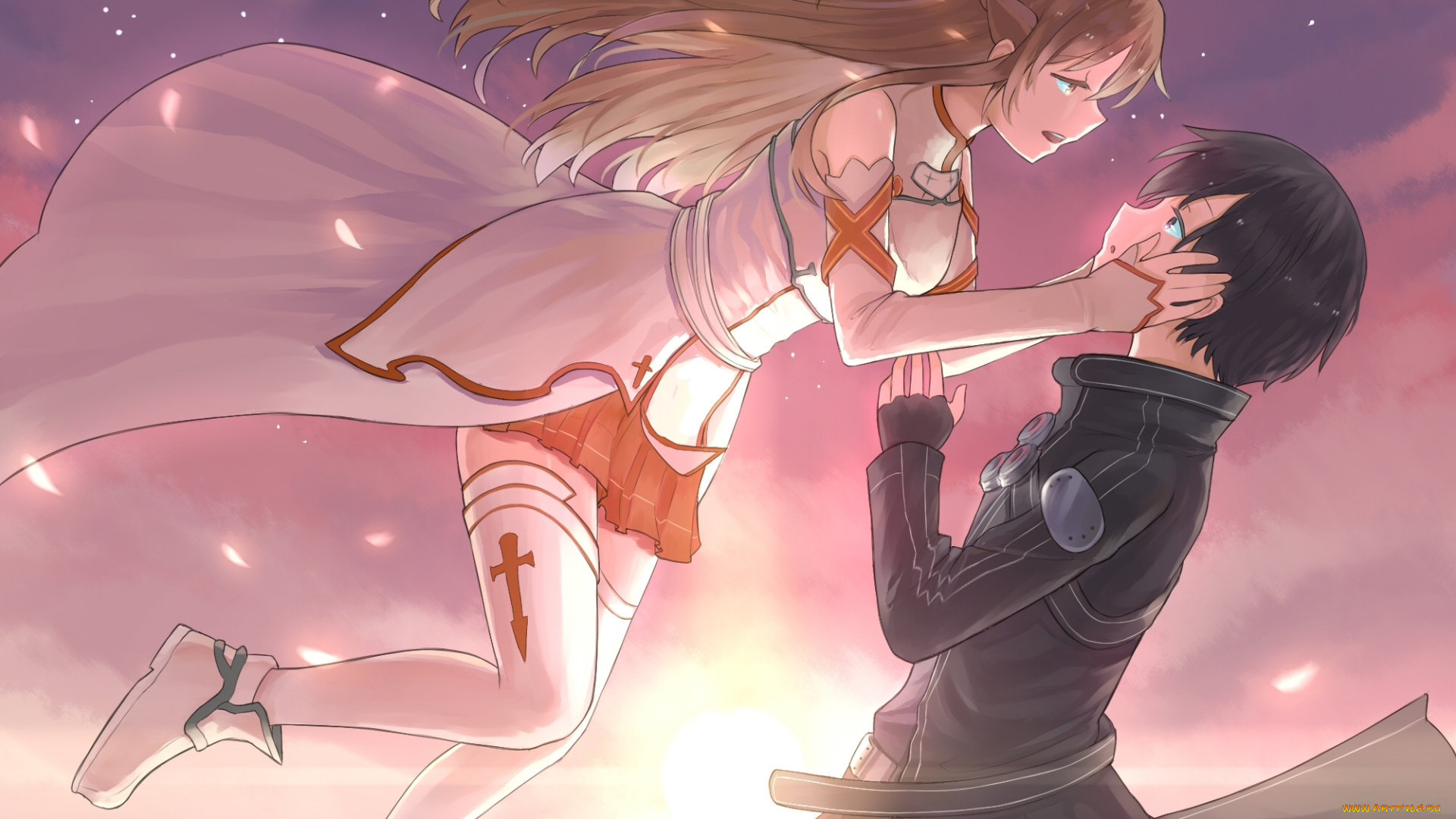аниме, sword, art, online, двое, парень, kirito, девушка, yuuki, asuna, облака, лепестки, небо, закат, падение