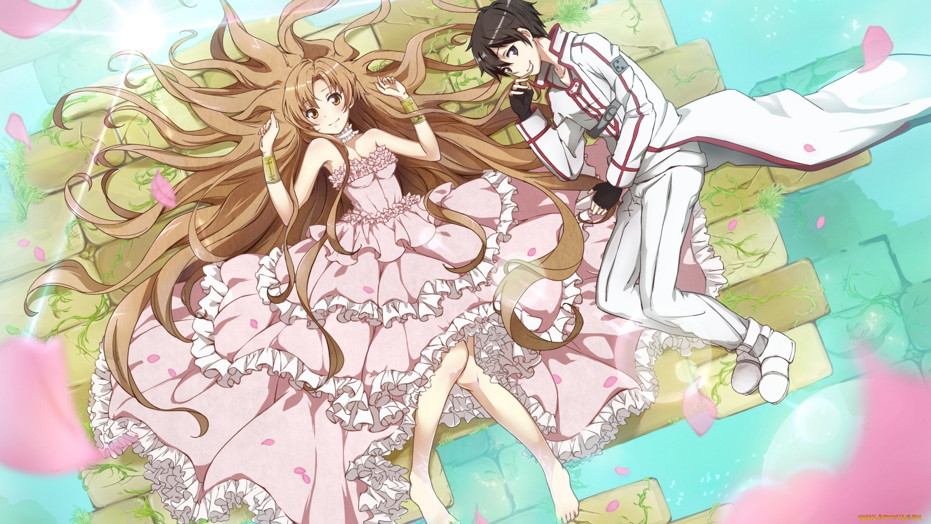 аниме, sword, art, online, лепестки, улыбка, девушка, парень, yuuki, asuna, kirigaya, kazuto, sword, art, online, conone, арт