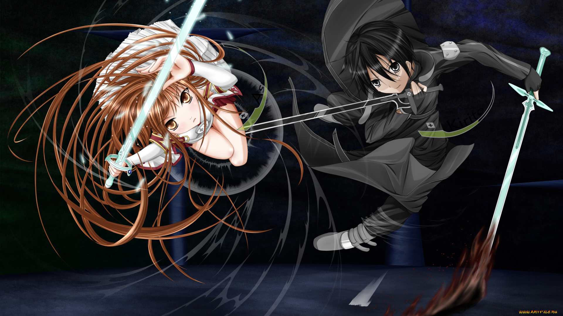 аниме, sword, art, online, оружие, битва, kirito, чёрные, волосы, карие, глаза, короткие, девушка, длинные, каштановые, мужчина, yuuki, asuna, плащ, черные, меч