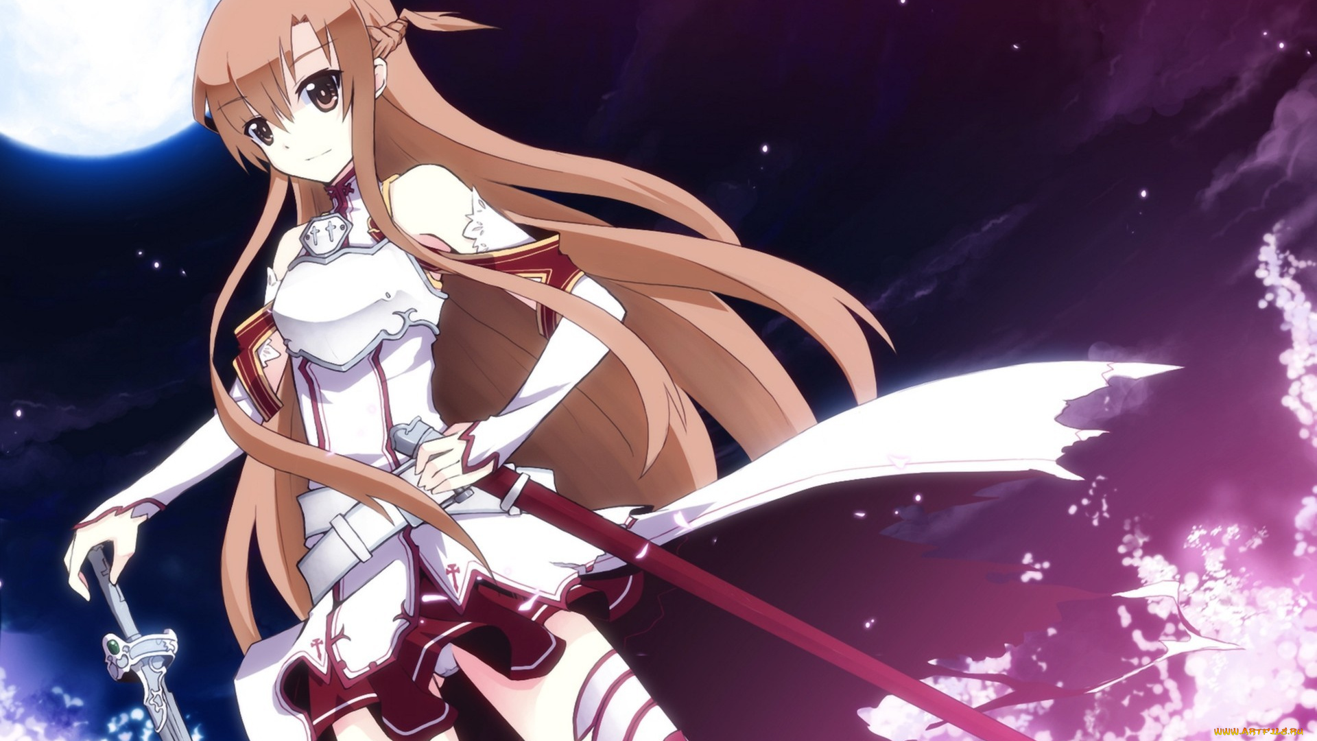 аниме, sword, art, online, yuuki, asuna, фэнтези, оружие, меч, луна, ночь, девушка