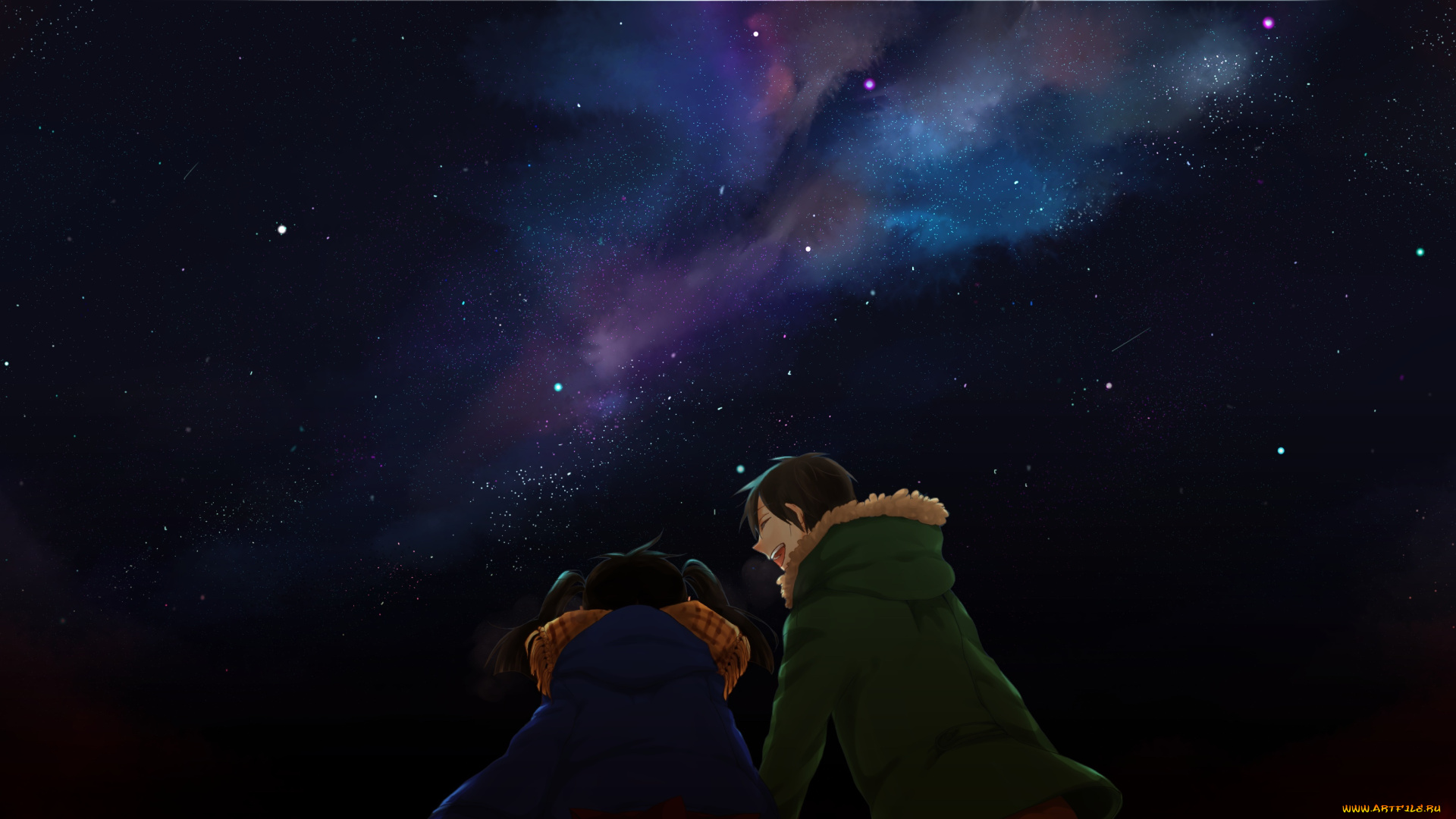 аниме, *unknown, , другое, девушка, kokonose, haruka, парень, ночь, шарф, куртка, звезды, небо, enomoto, takane