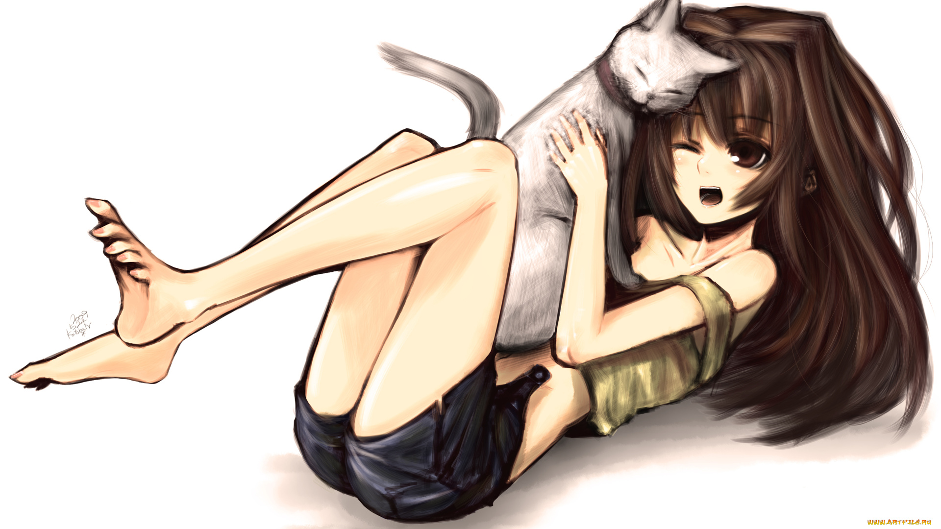 аниме, *unknown, , другое, кот, арт, лежит, девушка, kotoba, noriaki, шорты