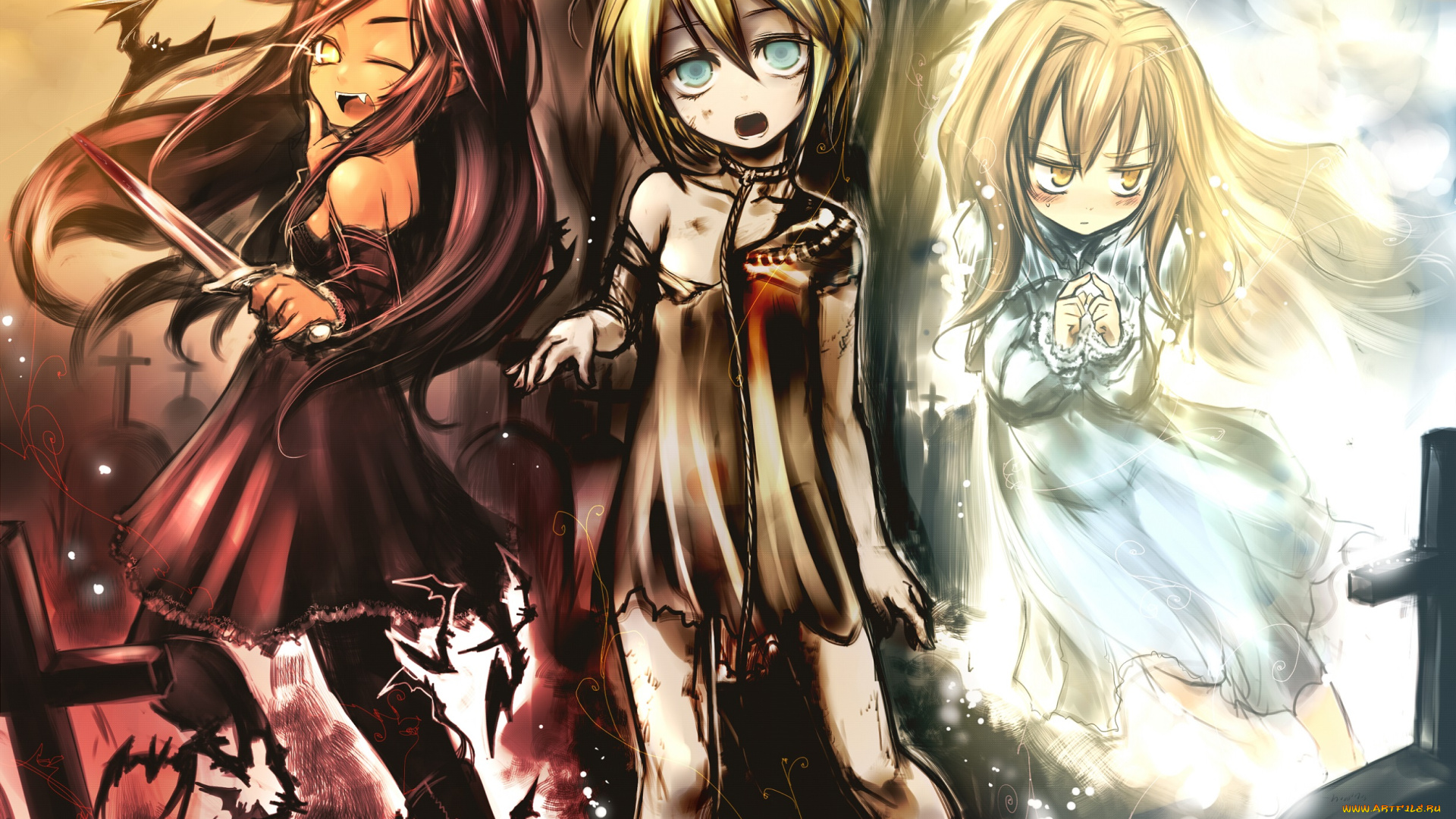 аниме, *unknown, , другое, kotoba, noriaki, арт, летучие, мыши, солнце, кресты, кровь, клыки, нож, веревка, девушки