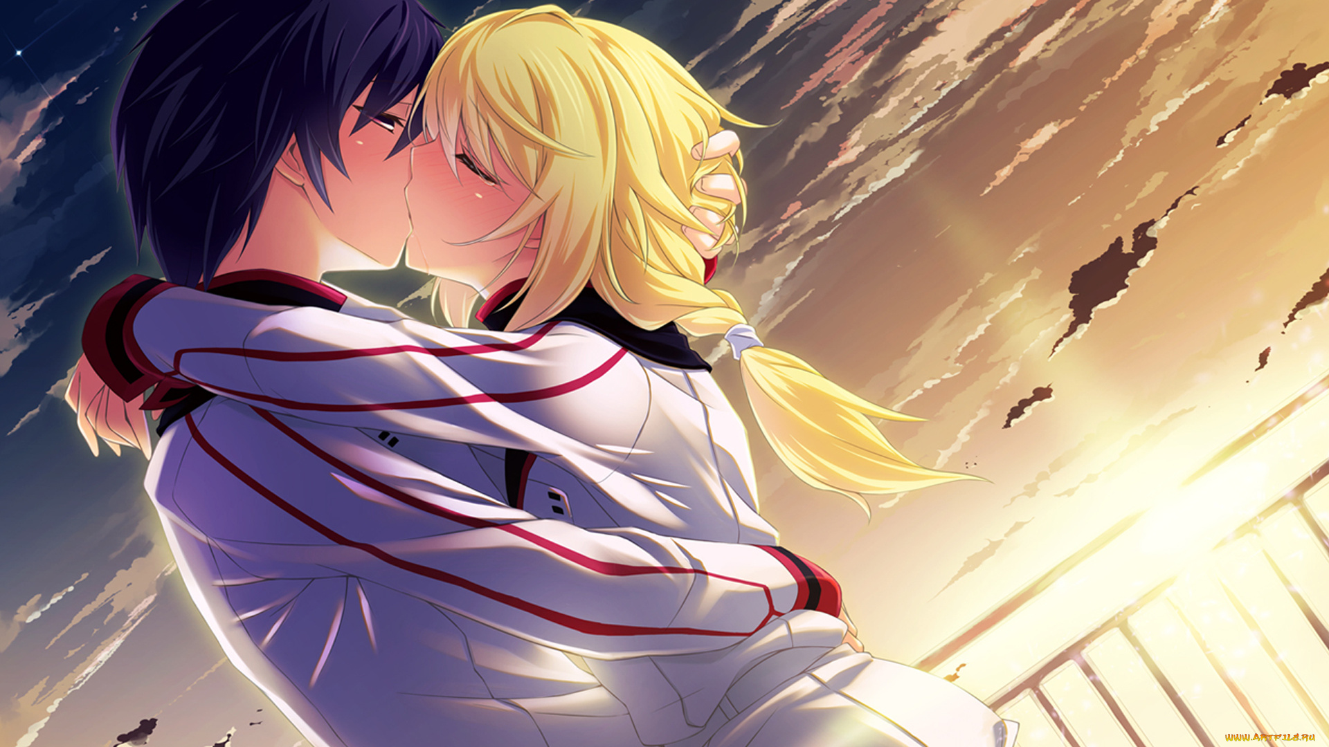 аниме, *unknown, , другое, небо, любовь, поцелуй, парень, девушка, облака