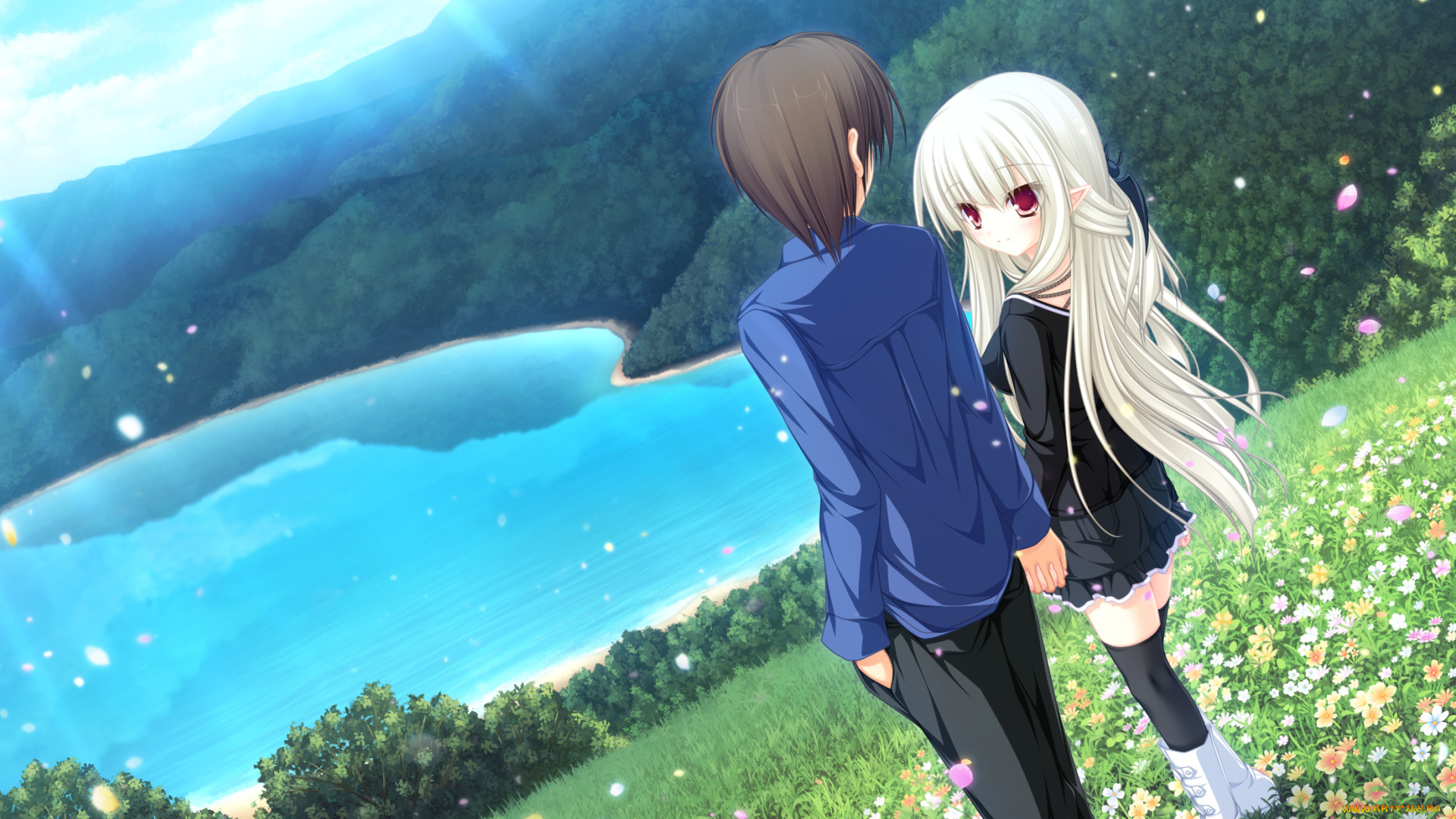 аниме, *unknown, , другое, пара, девушка, filia, природа, парень, небо, горы, озеро, арт, lunaris, mikagami, mamizu