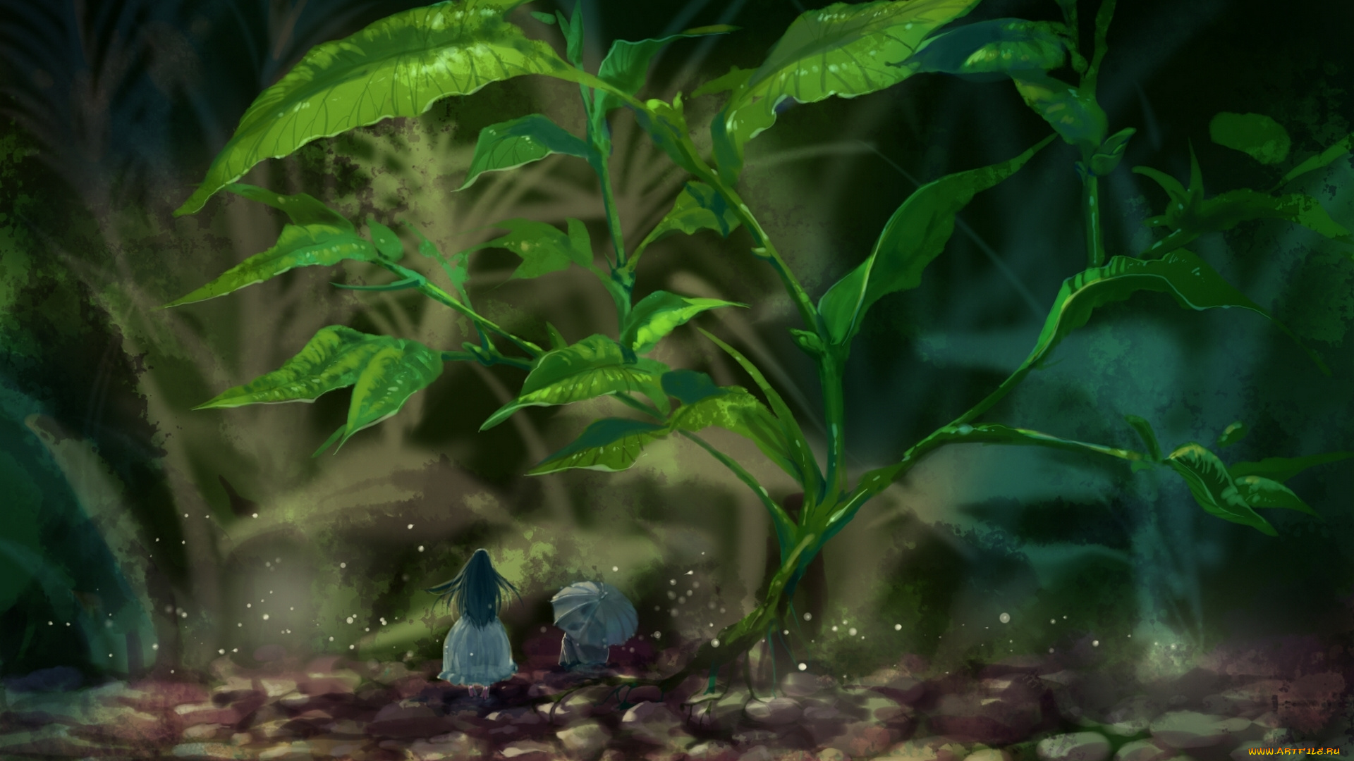 аниме, *unknown, , другое, природа, зонт, трава, парень, девушка