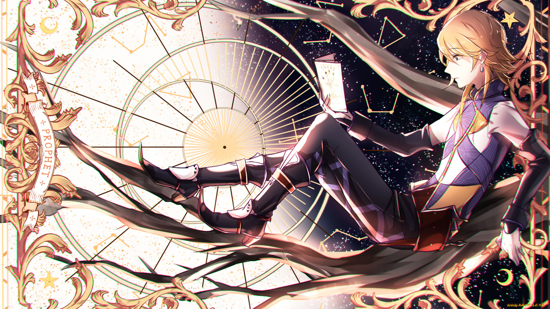 аниме, *unknown, , другое, рамка, узоры, круг, серьга, читает, книга, парень