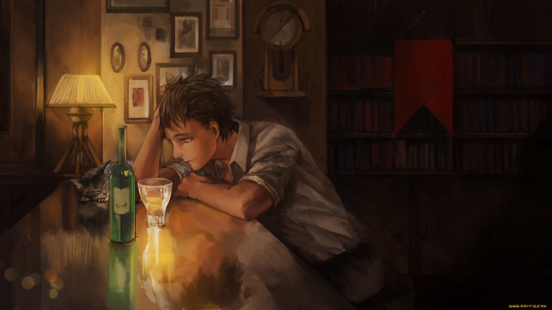 аниме, *unknown, , другое, свет, часы, лампа, кот, мужчина, ночь, алкоголь, выпивка, бутылка, тени