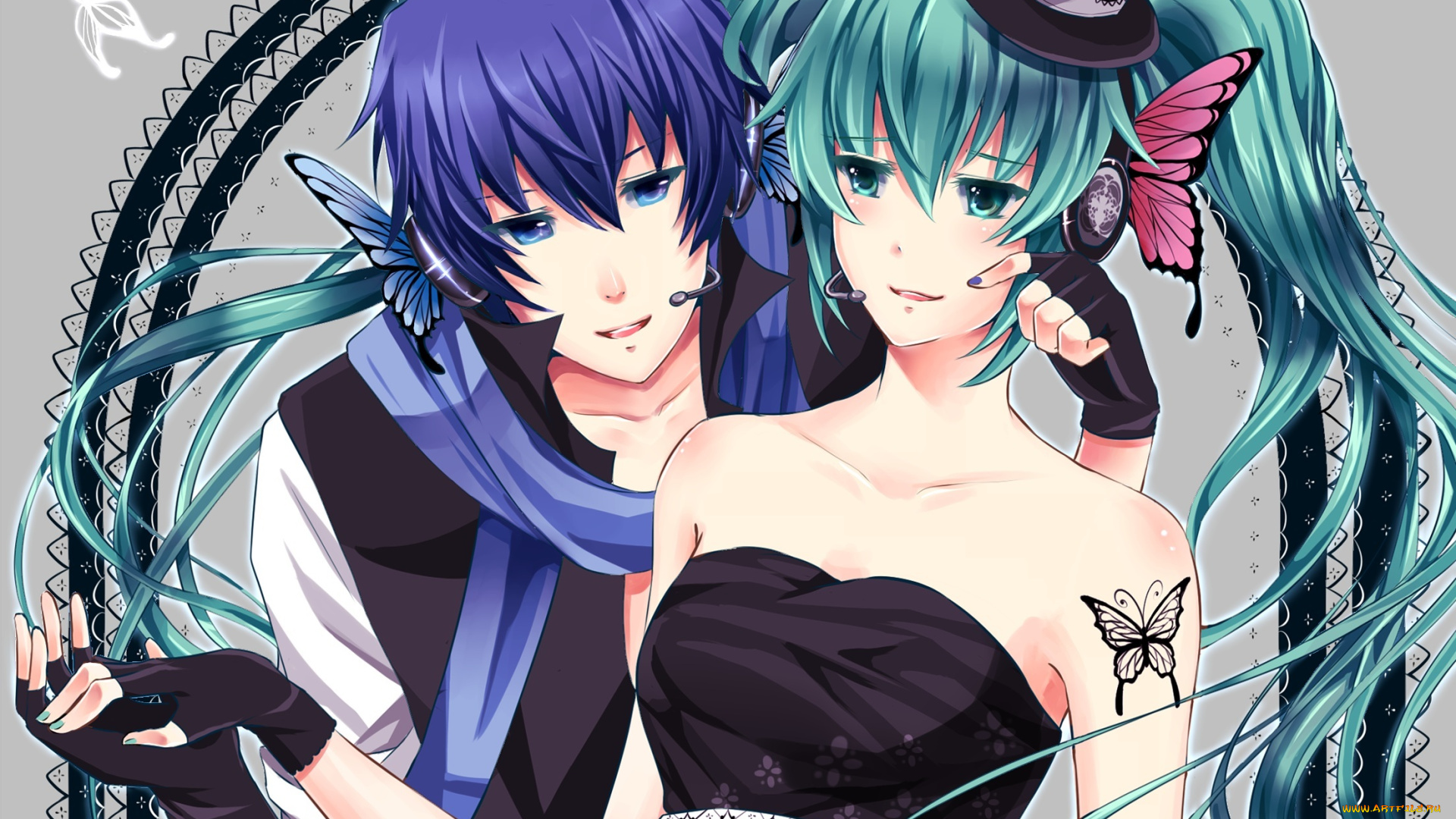 аниме, vocaloid, крылья, рт, бабочки, шляпа, вокалоид, наушники, пара, парень, девушка, magnet, kaito, hatsune, miku
