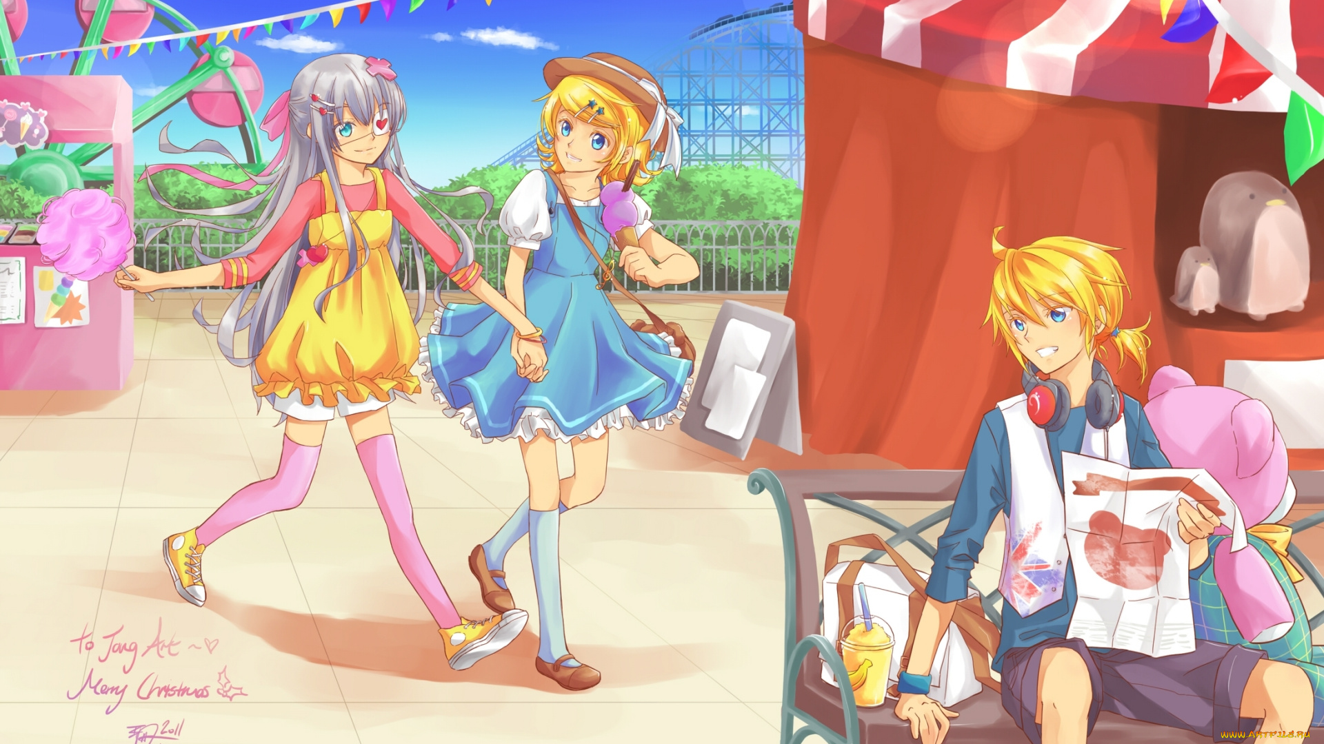 аниме, vocaloid, наушники, вата, парень, арт, kagamine, len, rin, девушки, небо, облака, вокалоид, парк, развлечений, мороженое, повязка, медведь, игрушка, скамейка, шляпа