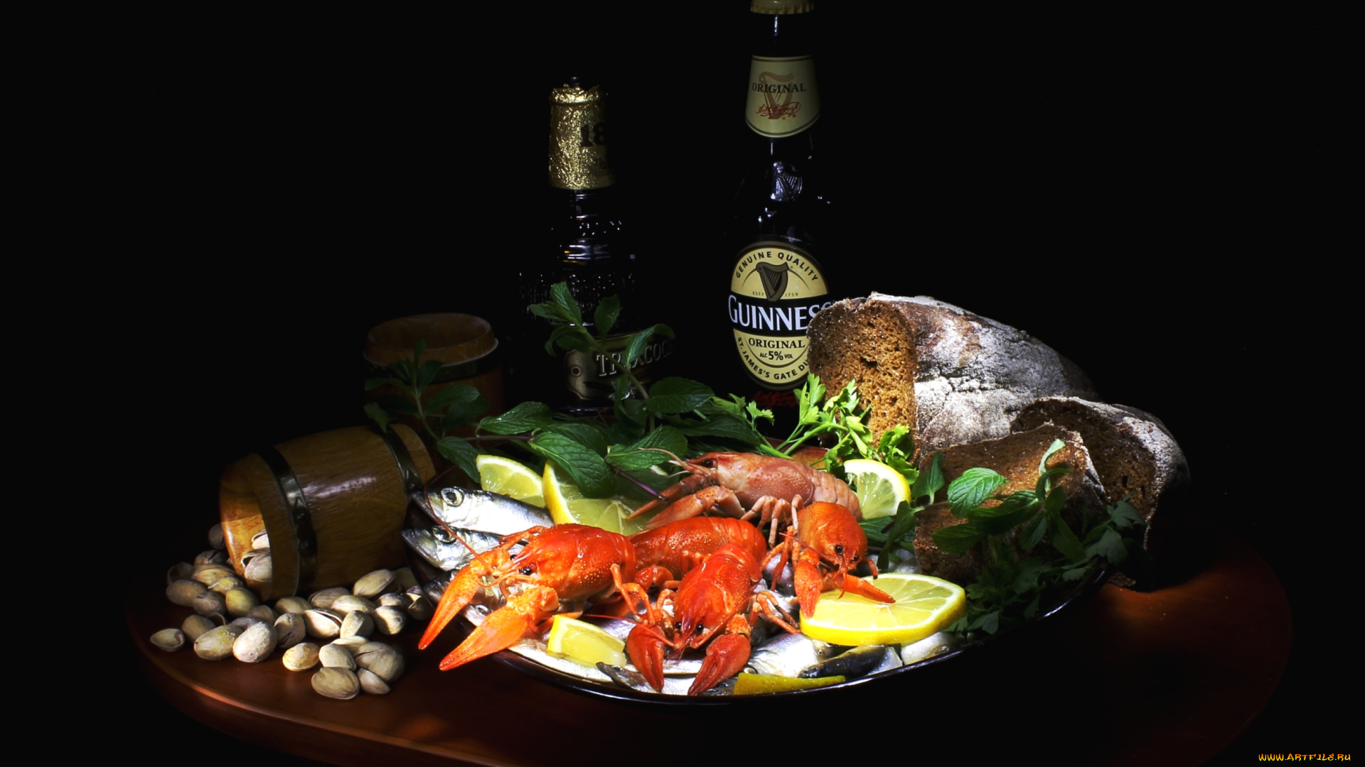 еда, натюрморт, лимон, раки, пиво, хлеб, фисташки