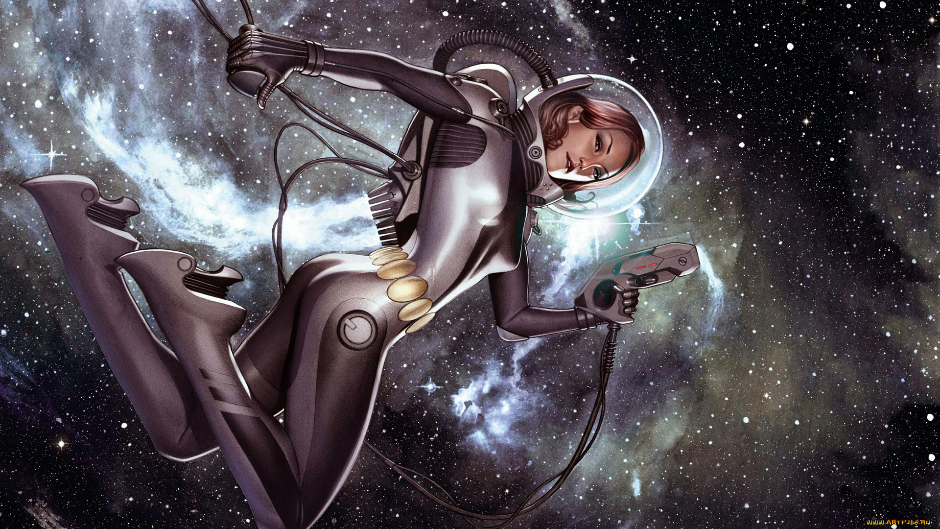 фэнтези, девушки, оружие, звезды, скафандр, космос, девушка