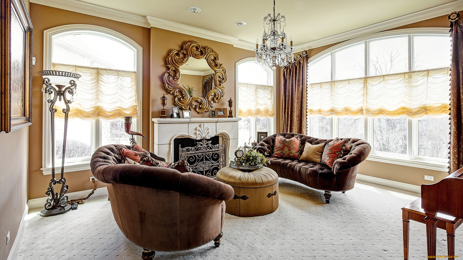 интерьер, гостиная, окна, камин