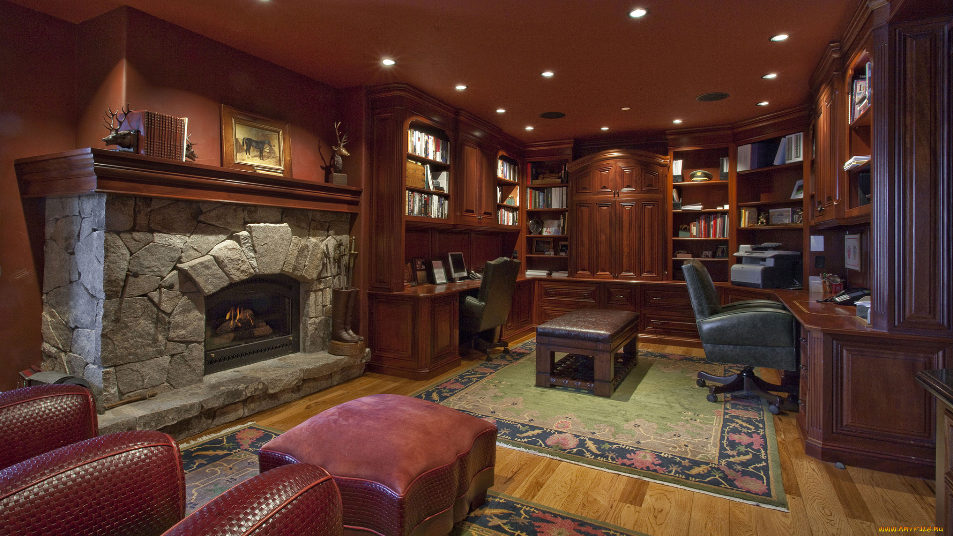 интерьер, кабинет, , библиотека, , офис, камин